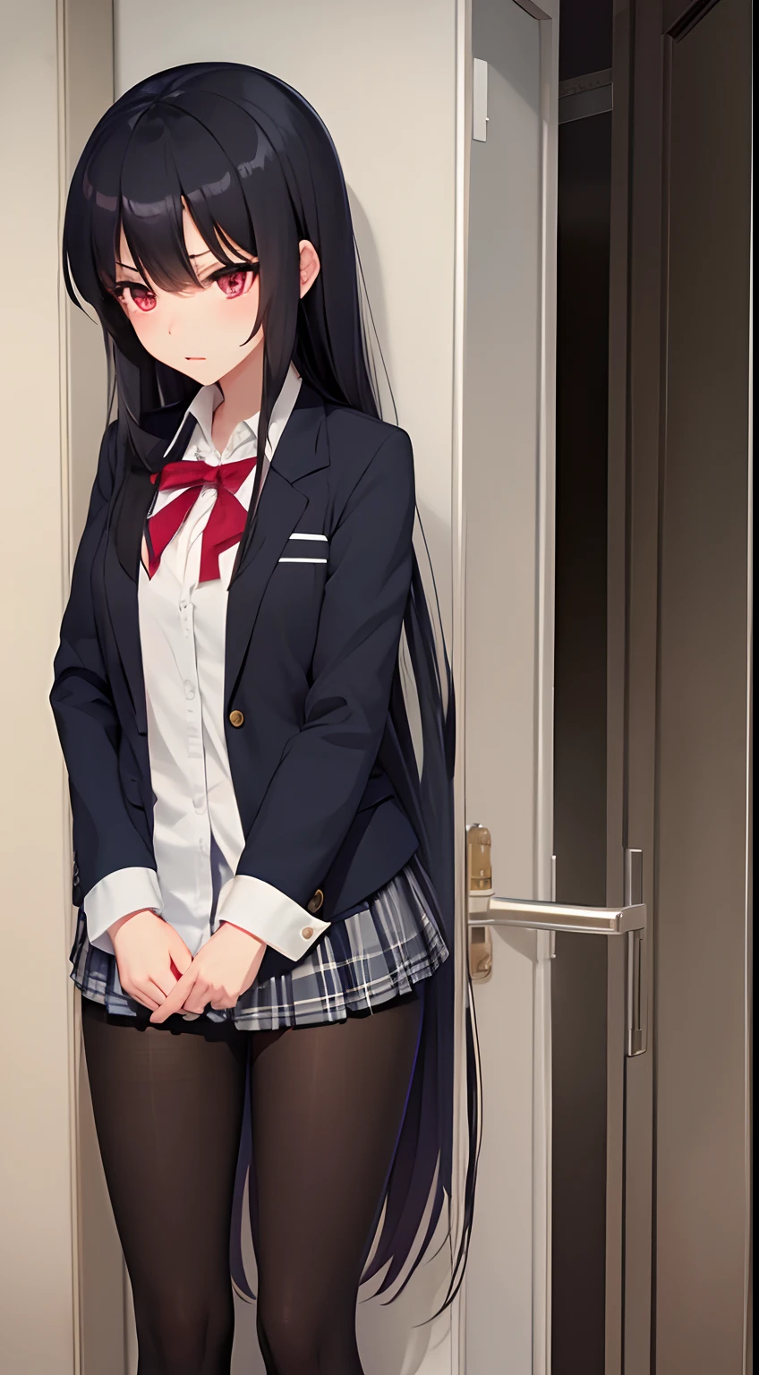 a beautiful girl with long and black hair with shocking expression in washroom anime in school uniform