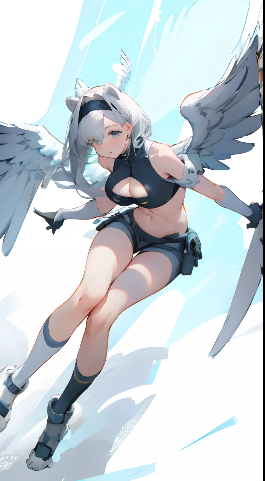 Bigboobs,cropped shoulders,knee length socks,angelicales,Angel wings, On,The body is blocked by wings,Stand up