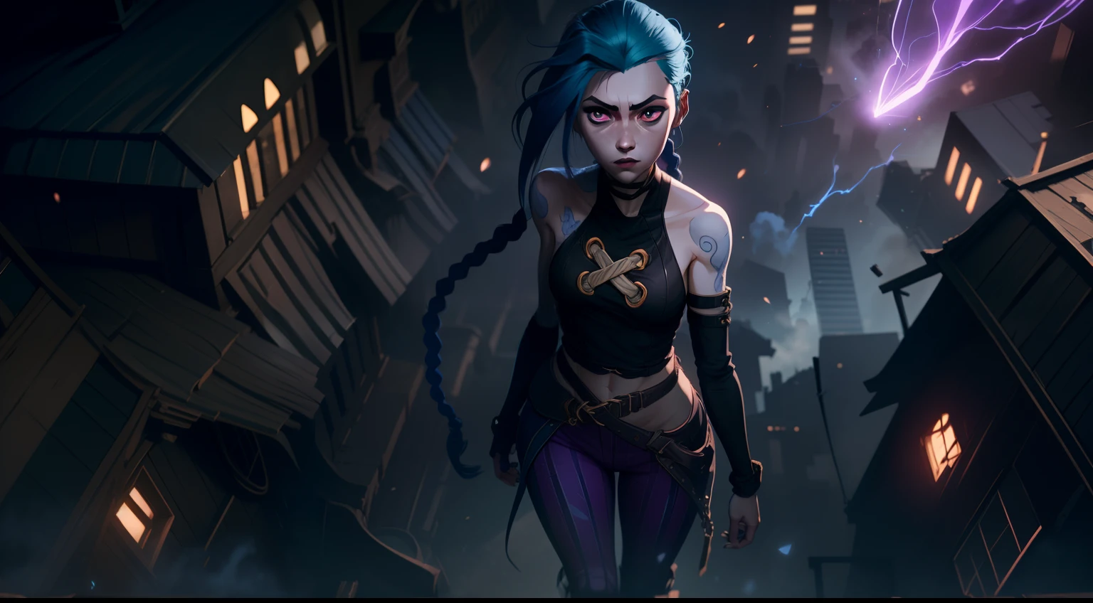 Overhead view, The camera looks at Jinx from above, Like in a computer game, Jinx's character design, Dynamic movements, Standing Half-Sideways, stands on the edge of the roof, Fantasy City, City of Piltover, the night, explosions, fire, Smoke, sparks, Purple Flashes, sexypose, Beautiful figure, Arcane's Jinx, Bright blue and purple sparks all around, glowing eyes, Pink glowing eyes, hairlong, hairsh, braided into long braids, Pigtails hang below the knee, Hair color changes from bright blue to navy blue, Dressed in brown breeches, Leather boots on the feet, Top with four gold circles on the chest in the middle of the chest, Blue cloud tattoos on shoulders and waist, Long bangs, hanging on the right side, Belt with cartridges on the belt, Arcane style, extremely detailed CG unity 8k wallpaper, detailed light, Cinematic lighting, chromatic aberration, glittering, expressionless, epic composition, dark in the background, Cherecter Desing, Very detailed, Detailed body, Vibrants, Detailed Face, sharp-focus, anime art, Vibrants, Detailed Face, Hugh Details, sharp-focus, Very drooping face, A detailed eye, super fine illustration, better shadow, finely detail, Beautiful detailed glow, Beautiful detailed, Extremely detailed, expressionless, epic composition,