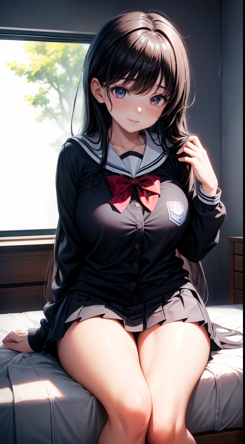 (Masterpiece, Best quality, A high resolution, hyper HD, Perfect pixels) 1girll, Black hair, Long hair, the wallpaper, Female Student,JK school uniform,Bedside girl