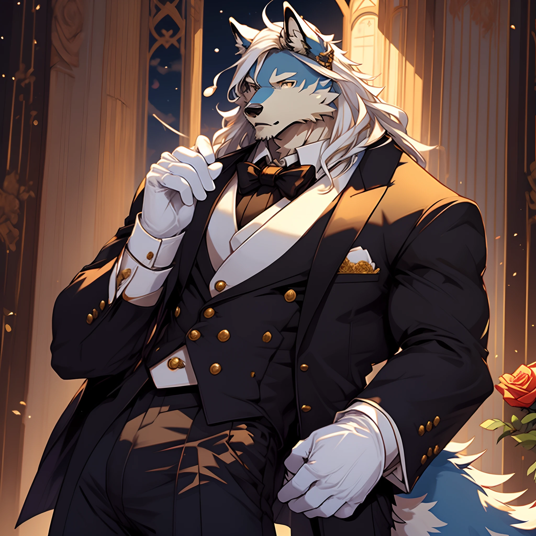 Masterpiece, Exquisite details,  Male wolves,Lean，Pianist, The long white hair is elegant and handsome，The pants are slightly lifted by the top of the genitals，musical note，Greeting gestures，Bring white gloves，Neatly dressed，A blue rose was pinned to his hair