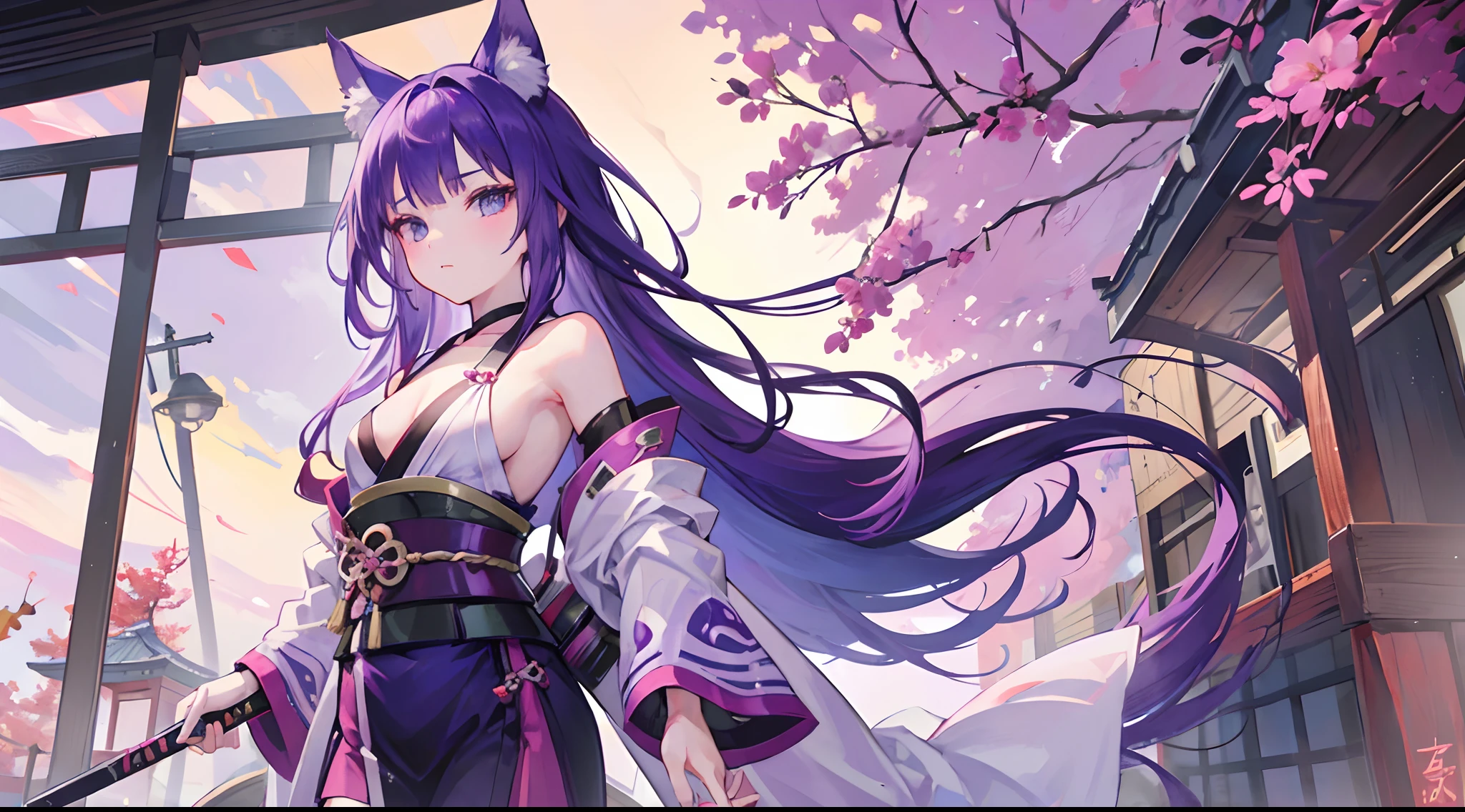 10Young Girl Purple hair Longhaire cat ear kunoichi in the edo era small tits dual-wielding natta Frontal painting