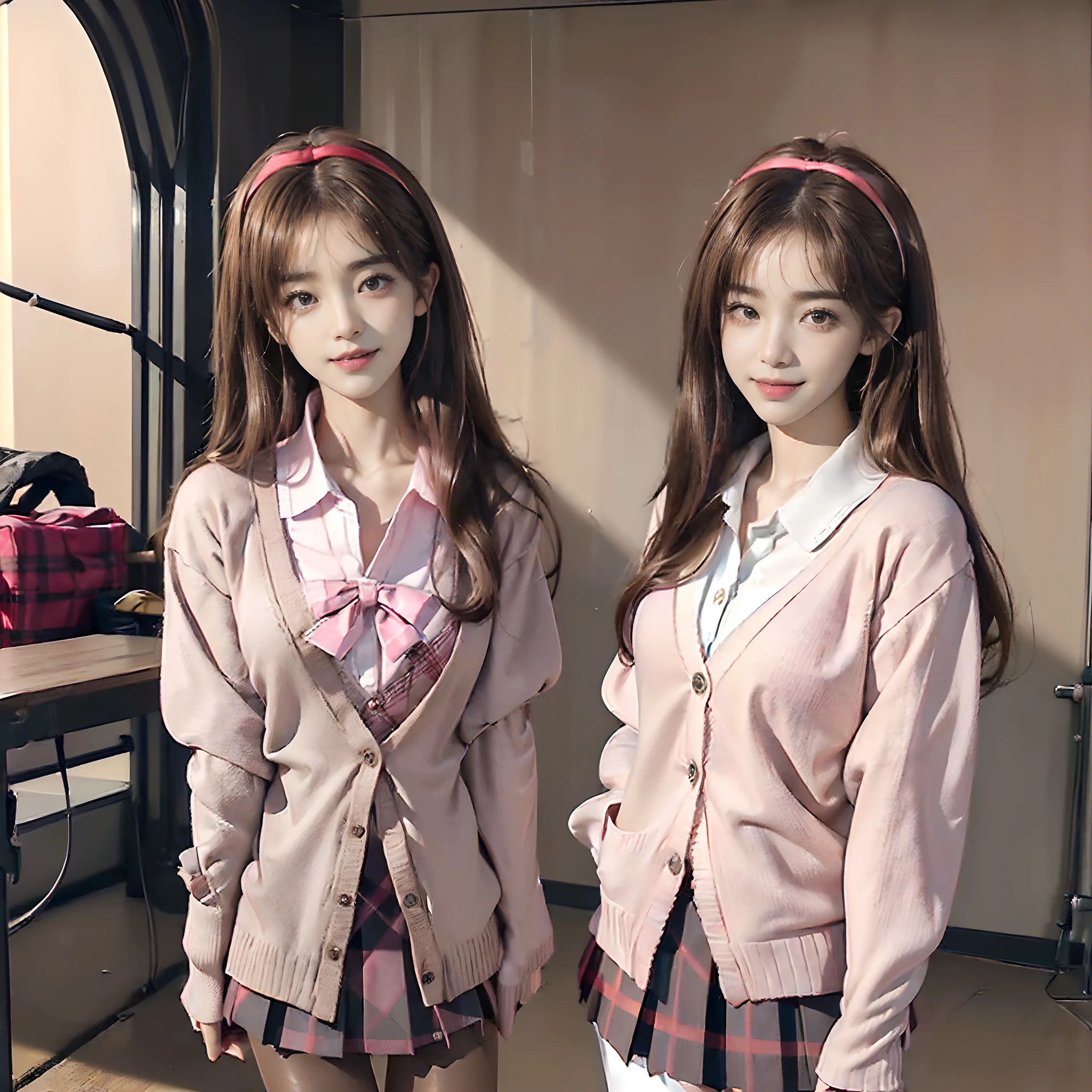 ((top-quality、8K、masterpiece:1.3))、(((2girls)):1.3),((anatomy correct):1.45)、(Full body:1.5)、(((32years old)))、foco nítido:1.2、(realisitic、Photorealsitic:1.37)、(((A smile)))、Gaze towards the viewer、Beautiful Face Woman、28 year old、pointed chest、long eyeslashes、Colorcon、Big 、delicated、Very detailed eyes、Highly detailed eyebrows、(Sharp Eyebrows)、(Thin eyebrows)、very vey very detailed face、((Brunette short disheveled hair))、(School Uniforms:1.2), (Pink cardigan fits the body:1.4), ((Raise button, Not loose):1.5), ((Long sleeve, sleeves past wrists):1.2), (White collar shirt underneath:1.3), (Red plaid bow:1.3), (red plaid pleated skirt:1.3), ((Light brown pantyhose, lowfers):1.2), school classrooms、Detailed background、(8K、masterpiece、top-quality、Raw foto)、Every person has a different face
