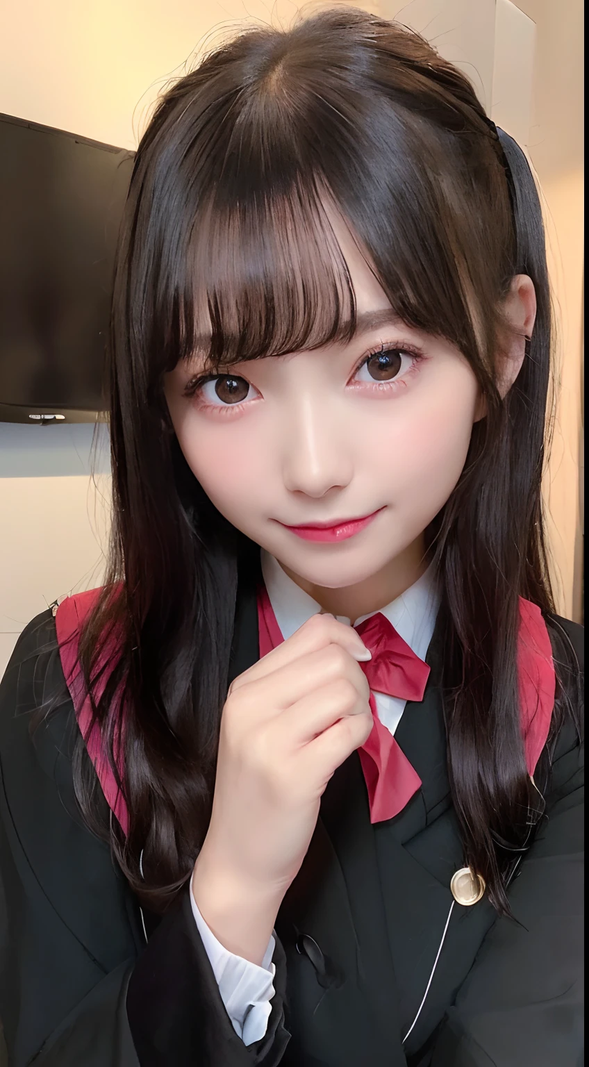 (Close up portrait of one girl with slender small breasts and long hair dull bangs in black blazer school uniform with red edging collar:1.5)、(smile :1.5)、(karaoke room:1.5)、(Perfect Anatomy:1.3)、(No mask:1.3)、(complete fingers:1.3)、Photorealistic、Photography、masutepiece、top-quality、High resolution, delicate and pretty、face perfect、Beautiful detailed eyes、Fair skin、Real Human Skin、((thin legs))、(Dark hair), (((open bresats:1.5))),