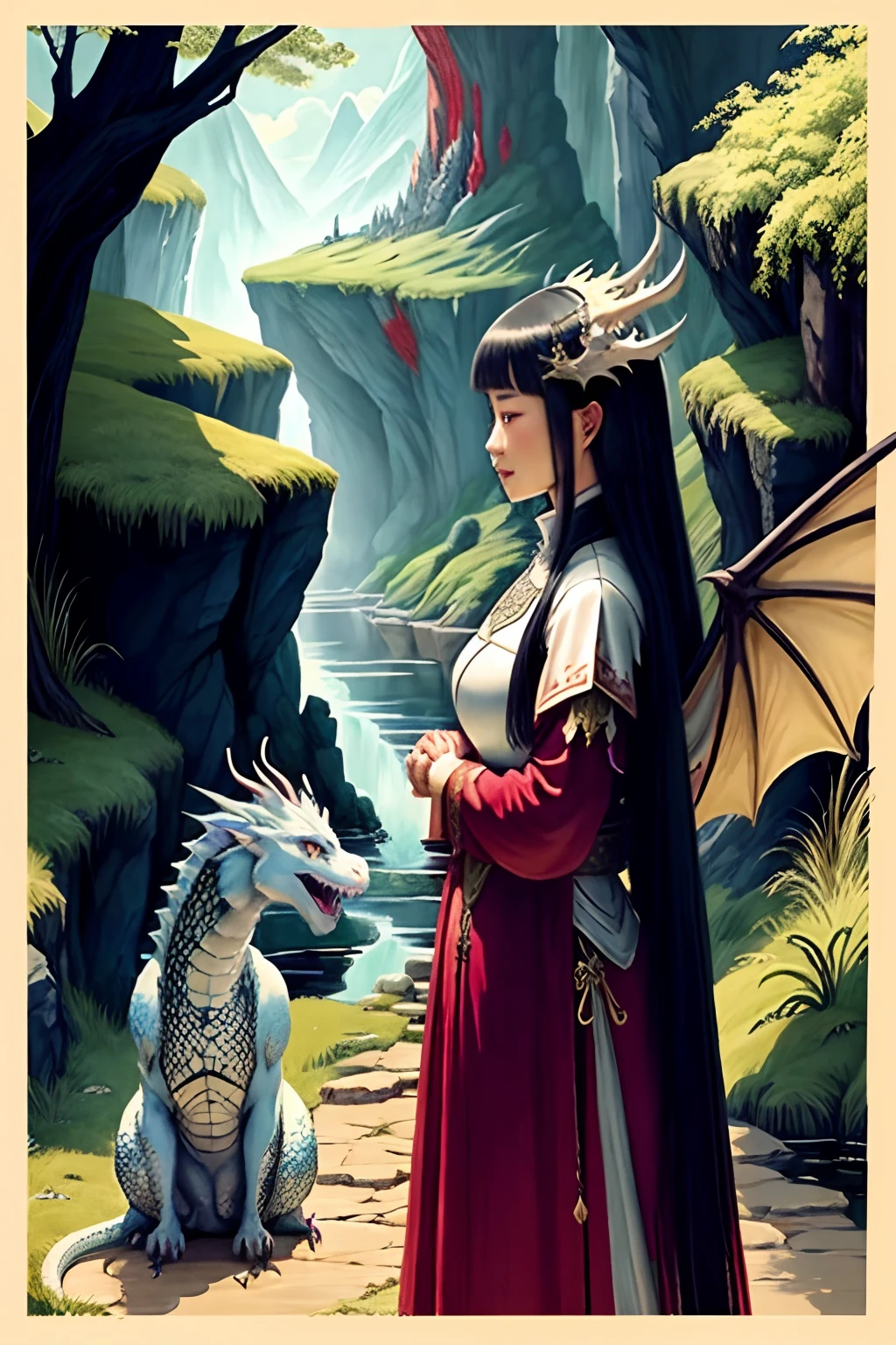 In the center of the painting stands on two legs with black spotted wings spread、There is a green dragon with a tail curled。The dragon, slightly larger than a person, had its mouth wide open to the knight on a white horse on the right side of the painting.、White, sharp teeth and a long tongue peeking out。The knight pierces its lower jaw with a very long spear。Left side of the picture、Behind the dragon is a young woman in a red dress who is praying with her hands together in front of her chest, facing the dragon.。Right behind the dragon and the knight is a cave that could fit one dragon.、Behind it are rice fields.。Although the time of day is night and there are no other people around them、There is something like a white castle wall in the back left of the picture.、About three people were standing in front of them and watching us.。
