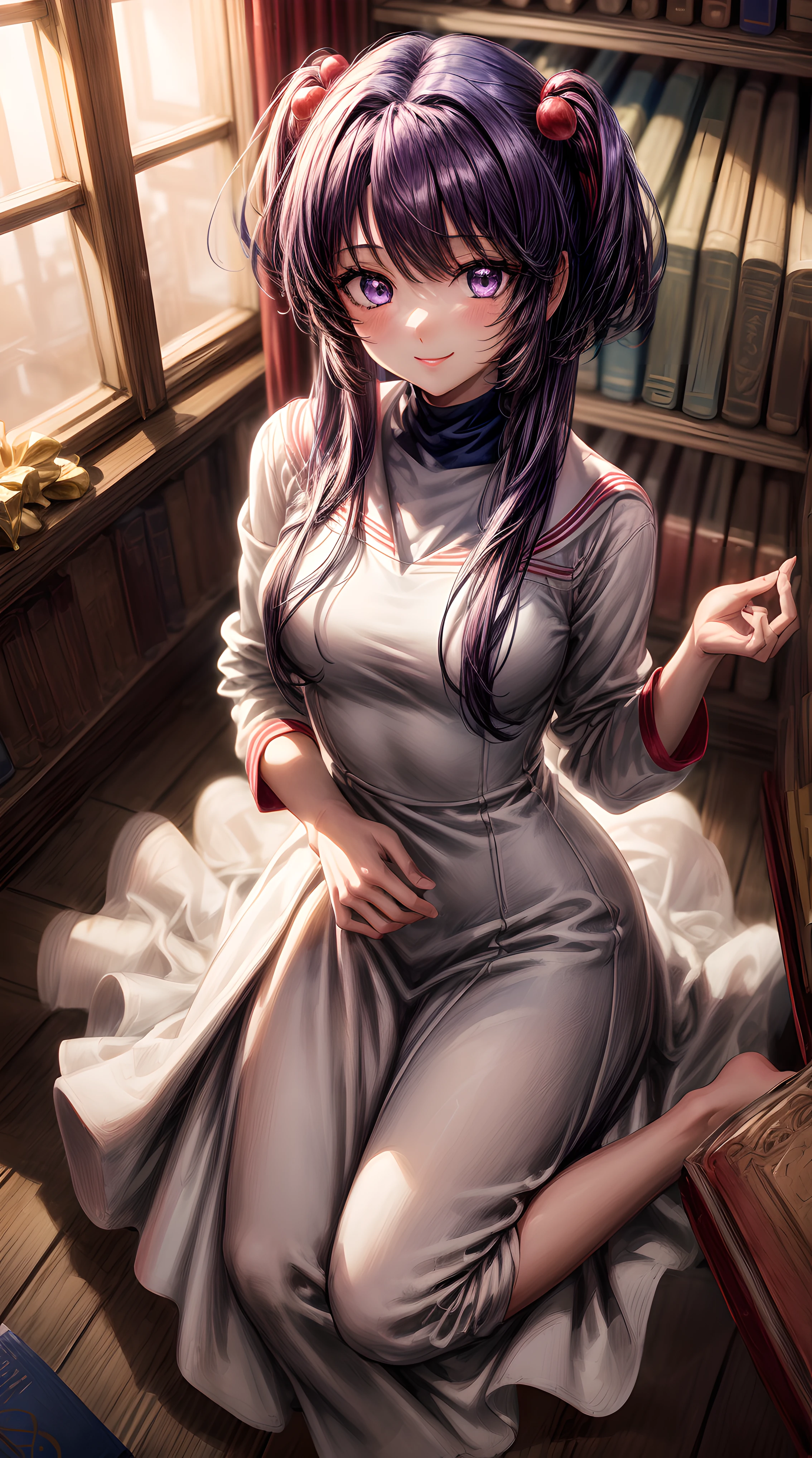 anime art, (masterpiece, best quality, perfect face, highest detailed face, colorful), 1girl. (((Kotomi))), face focus, full body, (((white dress:1.3))), purple hair, purple eyes, slight smile, beautiful eyes, looking at viewer, library at background, sunlight passing through hair, golden ring, (extreme detailed, intricate details, cozy light)