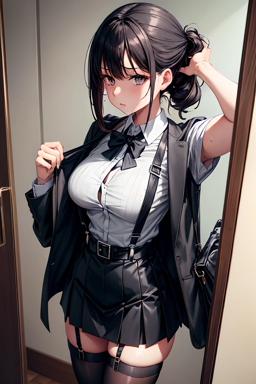 Suit,Collared shirt,Belt bag,Suspenders black mini skirt　garterbelts　knee high　Stockings　Black Niso　Colorcon armpit sweat　perspiring　Side of both hands,Black jacket,Gaze,ample bosom,Armpit sweat,Exposing the armpits"Tight clothes handcuffs