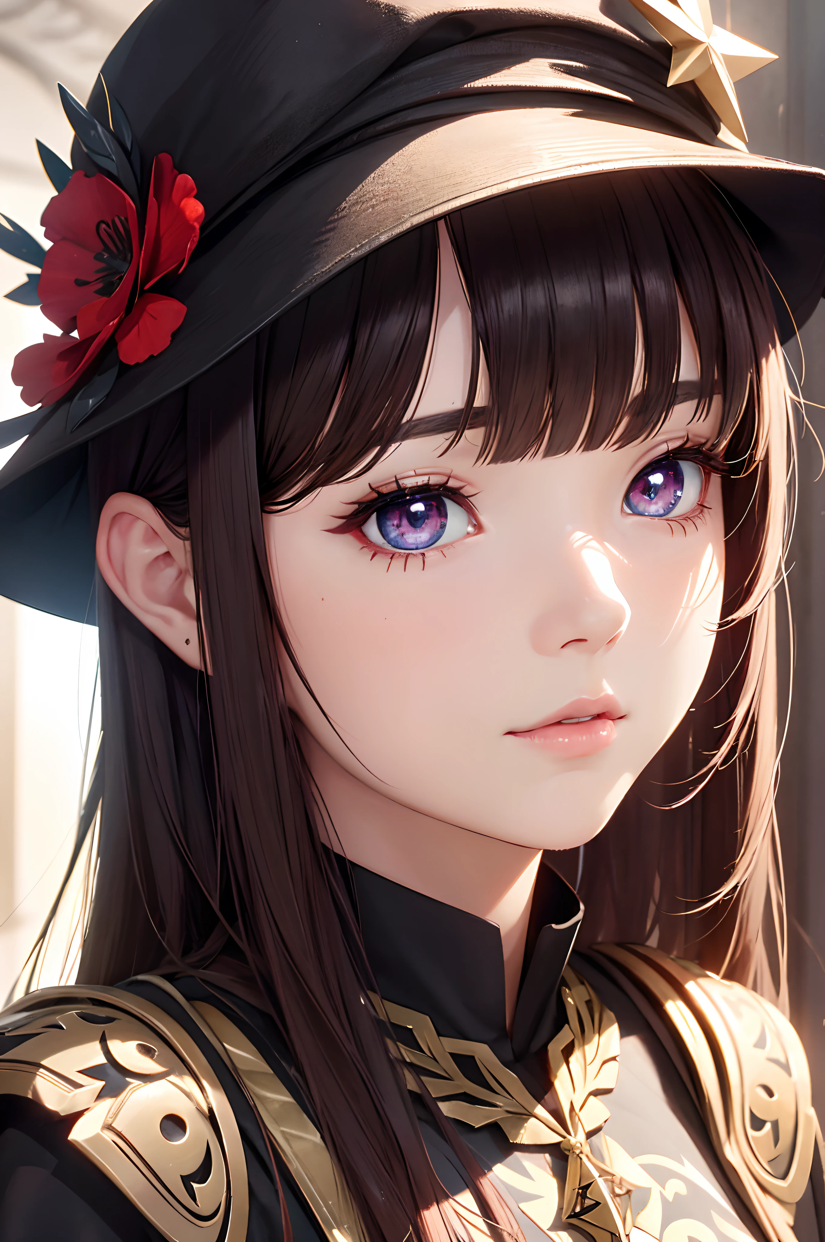 Hay una mujer con sombrero y un vestido ?????, con cara muy detallada, Tiene una mirada penetrante, ( ( ojos negros profundos ) ), loli, Personaje de primer plano, Primer plano del personaje, Altamente_Detallado_cara!!!, inspirado por Ma Yuanyu, Cara detallada sin borrosidad, Primer plano del personaje, highly detailed character, mirada penetrante