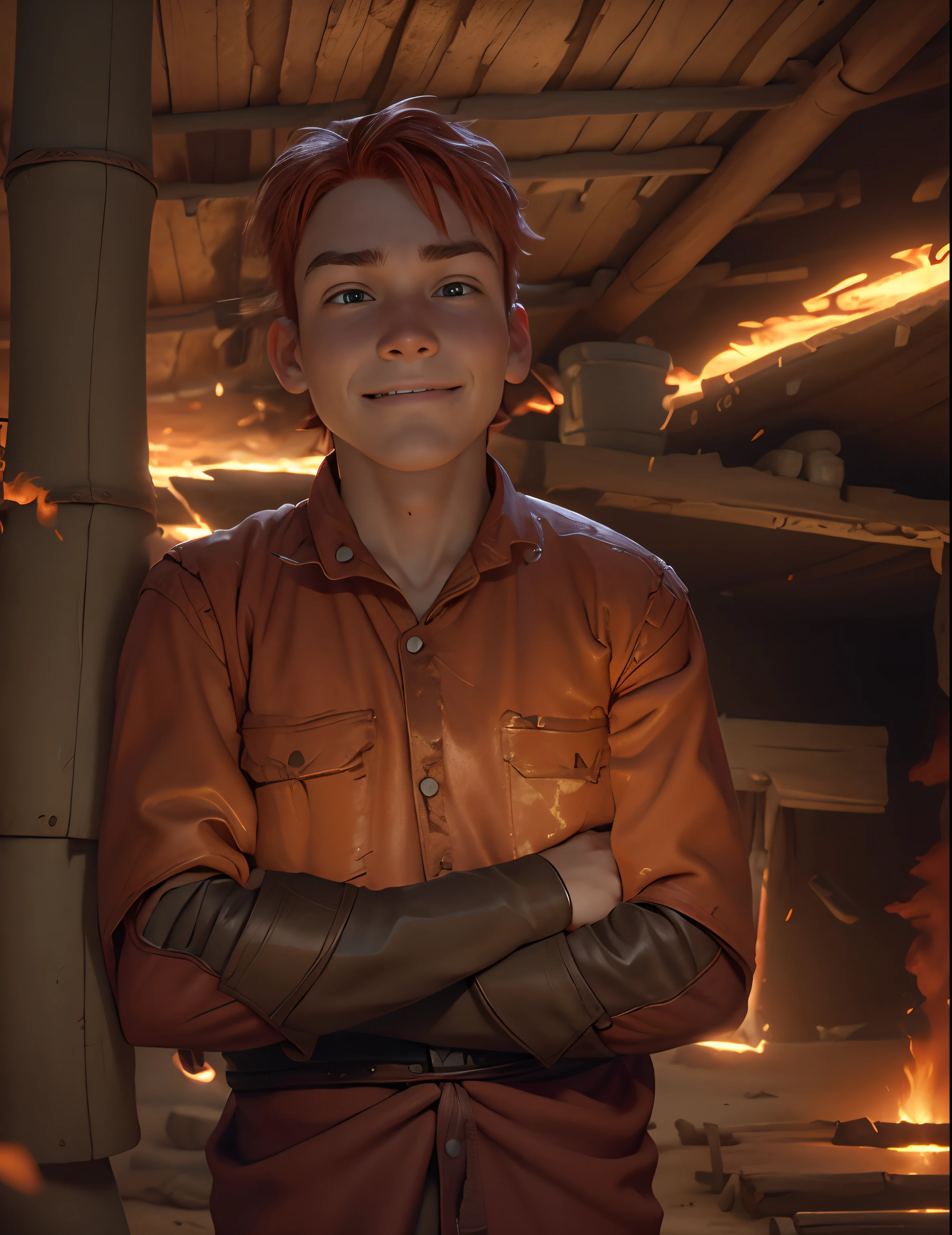 Pixar's cartoon style: A -yead redired boy is poor in poor clothing, In a cave with savages around a fire. Smiling broadly. a closeup of a. blurred background. Light haze.