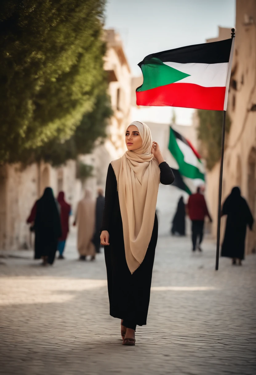 blonde hijab Girl, non model shot, unblurred people in background, Palestine flag, set in australia city