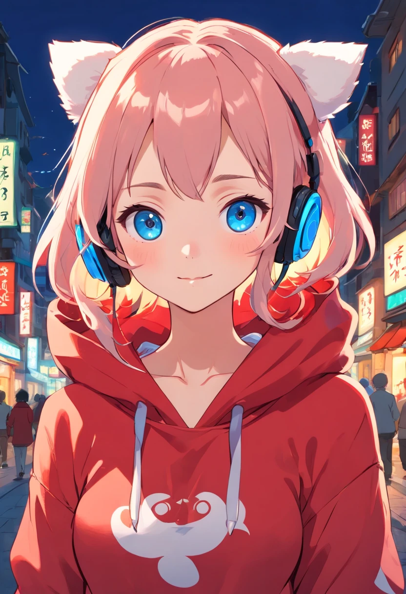 (masutepiece), Best Quality, Expressive eyes, Perfect face, (Ultra-detailed:1.5), Soft lighting, extra detailed face, medium boobs, Expressive eyes, masutepiece, Best Quality, Sparkling eyes, stunning eyes, Detailed Lighting, Front viewing angle, Portrait, (Extreme shading:1.0), 1girl in, short red color hair with a blue tint,, Smiling, Pretty Face, Neon blue eyes, Dual shade eyelashes, ear piercings, Wearing a red hoodie, Bottomless, White skirt, thick legs, Standing, headphones, Standing , Hyper Detailed, Insane details, Beautiful character design, awardwinning, (full torso)