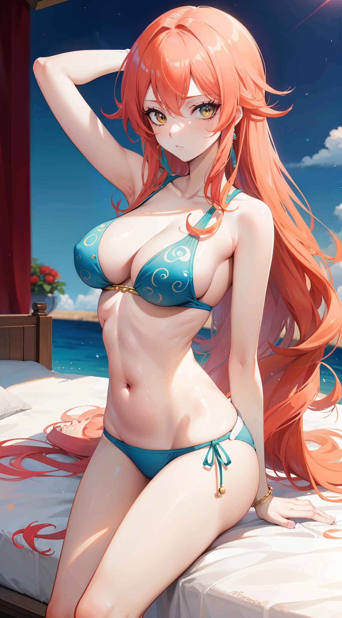 nami from one piece, cabelos longos vermelhos, hands in hair, Mostrar axila, Agora mesmo, sexy, Mamalhuda, 8k, na cama, pressionando o peito