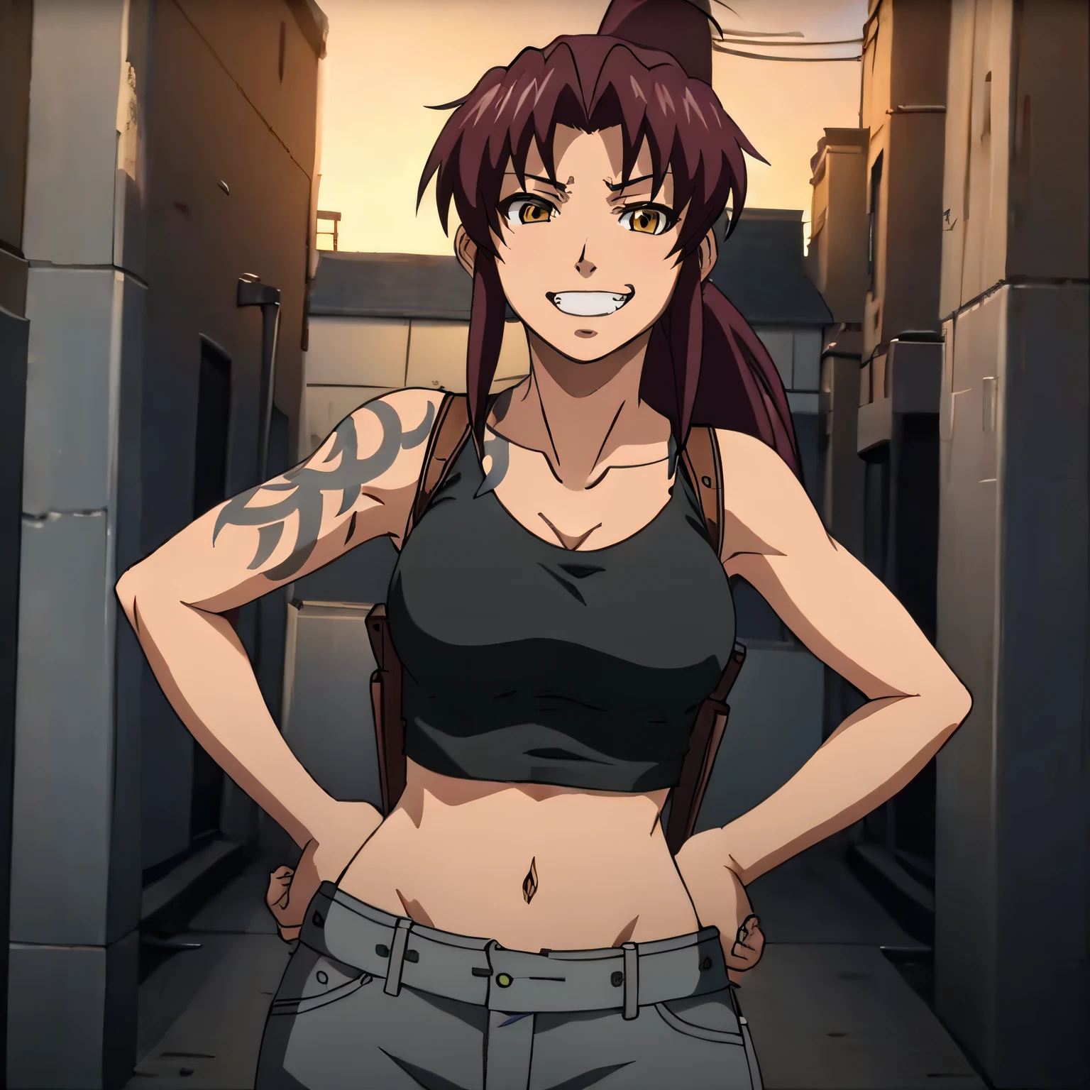 masterpiece,high quality,solo,outdoors,
smirk,open mouth,hands on the hips,
revy,1woman,
long hair,ponytail,brown hair,yellow eyes,tattoo,shoulder tattoo,arm tattoo,
collarbone,cleavage,breasts,bare shoulders,black tank top,shoulder holster,
midriff,