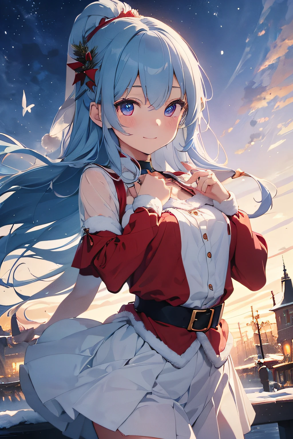 Beautiful fece, ​masterpiece, top-quality, hiqcgbody, animesque, 1girl in, Medium chest, portrait shot, Look at viewers, wetted skin, intricate detailes,>,((coverd)a closeup, straight-on, adult lady,Very long hair swaying in the wind、 The chest is fluttering、skirt by the, Pleated skirt, The figure of Santa Claus, Skirt, Light blue hair、Her eyes shone like dreamy stars(radiant eyes:1.233)、(beautifully detailed eyes:1.1)、The background is fixed on the snowy city、Christmas、santa claus、[[Delicate fingers and hands:0.55]::0.85]、(detail finger)、Red Eyes、Light blue hair、resplendent smile、Smile、