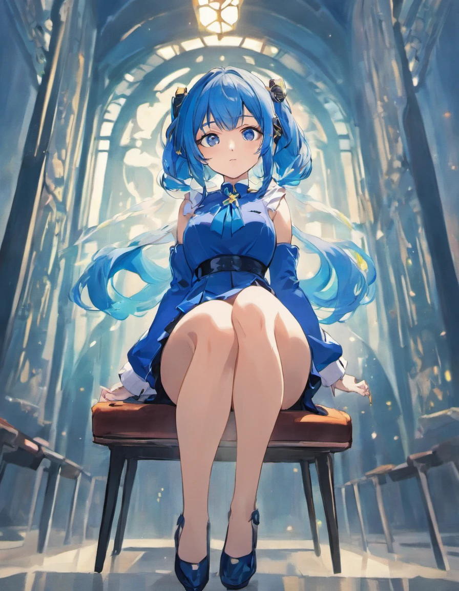 (Masterpiece, Best Quality 1.2),a girl ,euladef, solo, blue hair, blue tie, purple eyes, reflection, looking at the audience, Facing the audience,beautiful, Over-the-knee boots，boots, high heels, beautiful (detailed eyes, detailed face 1.3), sitting on chair, chair, legs open,