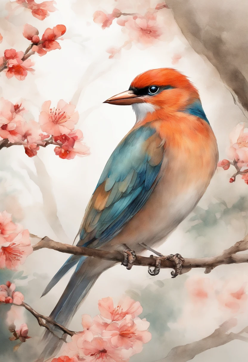 birds, japan manga style, sketching, Watercolor color.