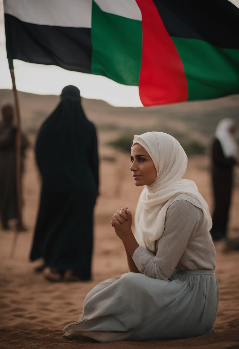 blonde hijab Girl, non model shot, unblurred people in background, Palestine flag, set in australia