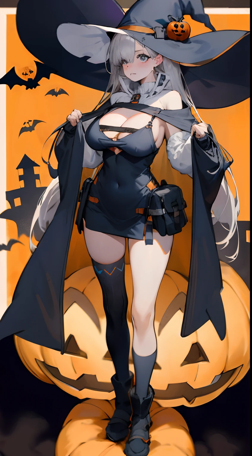 Bigboobs,cropped shoulders,knee length socks,Halloween dress up,Witch dress-up,Witch hat,Stand up