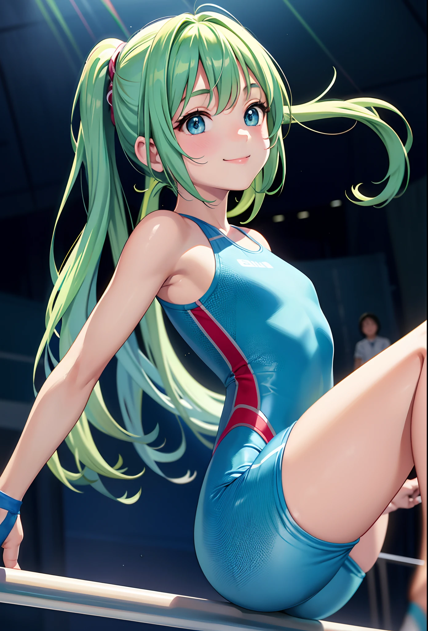 masterpiece、top-quality、hight resolution、Realistic Girl、Light blue long hair、gymnast、adorable smiling、Close-up of people、Wearing a green bodysuit、During gymnastics competitions、Smile、Gymnastics competition venue、A sexy