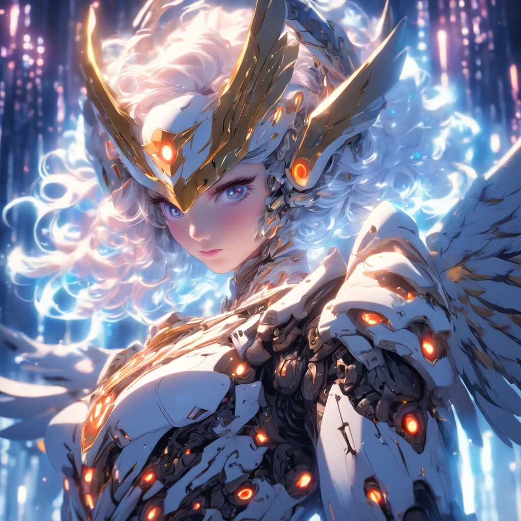 (Cowboy shot:1.2),(wide - angle shot), (Long shot:1.3), (Intricate details:1.4), (Masterpiece) , ((anime robots, Beautiful puppet, ((White skin)), angel, 1girll, magic)), (Perfect aesthetic eyes:1.3) , (Detailed eyes) , (Halo:1.2) , (Eldon ring:1.3), (Mechanical wings), (Wings:1.3), Glowing, twintails hair, multicolored hair, (Perfect hands:1.1), (Anatomically correct body:1.4), (Perfect face), Majestic guardian knight | Ultra-fine robot armor | Cinematic lighting | intricate filigree metal design | 16k | Unreal Engine 5 | rendering by octane | 。.3D, (Anatomically correct :1.4), (In the holographic hyperspace metaverse 50mm, Ultra detailed, Fantasy background, Blush, Solo), (Fighting stance:1.3), (Magical Circle:1.3), lightning effects, (Ray tracing), Show your ability A.I., (Glowing eyes) , (particle glowing) , 16k wallpaper, Robot woman,