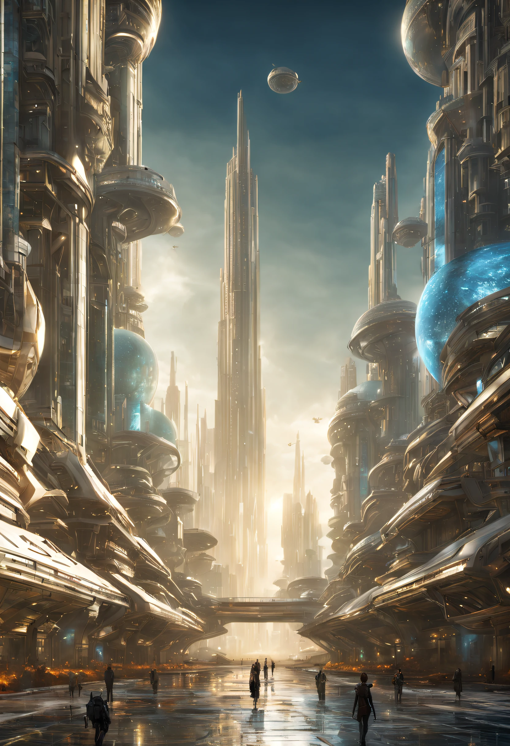 On an unknown planet lies a futuristic fantasy city with immense buildings of technological design (que forman una avenida infinita), con estructuras acristaladas en plata, oro y bronce espectaculares, con colores vivos. pavimento ensolado (sin brillo). gente paseando. (similar a coruscant). imagen bien definida con muchos edificios juntos. imagen nitida bien definida 8k. los edificios llegan alta el fondo.