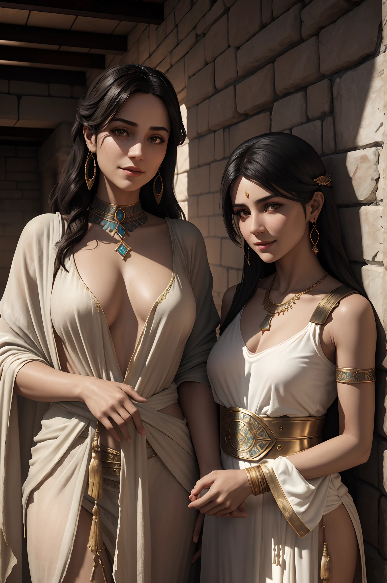 High quality, Ultra-realistic, Portrait of two beautiful women in ancient Mesopotamia,leering:1.4, Ancient Mesopotamian civilization, Babylonia, Uruk, Tunic in various lengths, Linen clothing, Onyx necklace, Paisley costume, Kaunax, Bronze vessels, a little bit smile, High adobe walls, Luminism, a 3D render, rendering by octane, Cinematic, isometry, Awesome full color, 8K Ultra HD, author：Snow barn, high detal,