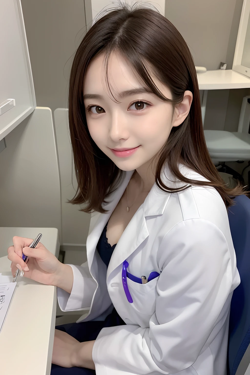 Female doctor in white coat、1Man Woman、(Smile Face:1.1)、Slim Face、The most beautiful women in the world、hyperdetailed face、Detailed eye、二重まぶた、Kamimei、perfect teeth、Perfect tooth alignment、(glistning skin)、(sun-kissed skin)、(real looking skin)、Blurred background、full body Esbian、frontage、Slim Face、Brightly colored clothing、Sit in a chair in the exam room、Wear a stethoscope、From above、a miniskirt、beautiful hairl、I can see the cleavage、Full Body Pose、(pureerosface_v1:0.8)、a small face、ssmile、A sexy、hide one's hands