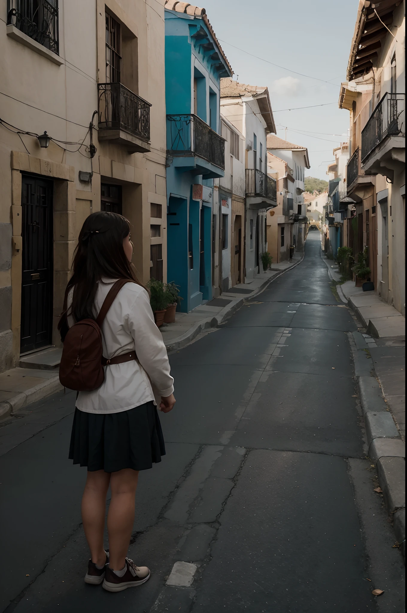 Spanish Town, Houses on both sides of the street、Stone Road, A Girl and a Boy Go to Communion by the Hand, Not a single person、early morning, rise、There's a light、Missing、adventure, No Focus