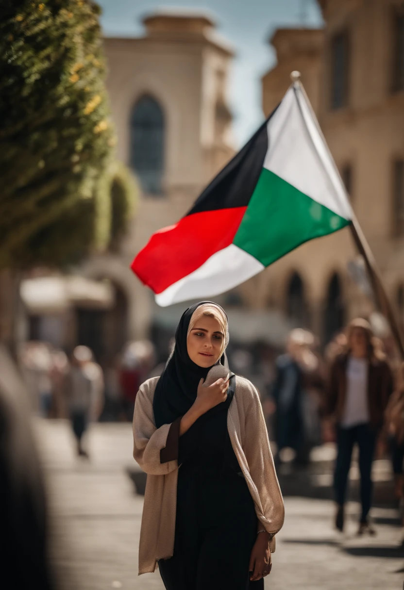 blonde hijab Girl, non model shot, unblurred people in background, Palestine flag, set in australia city