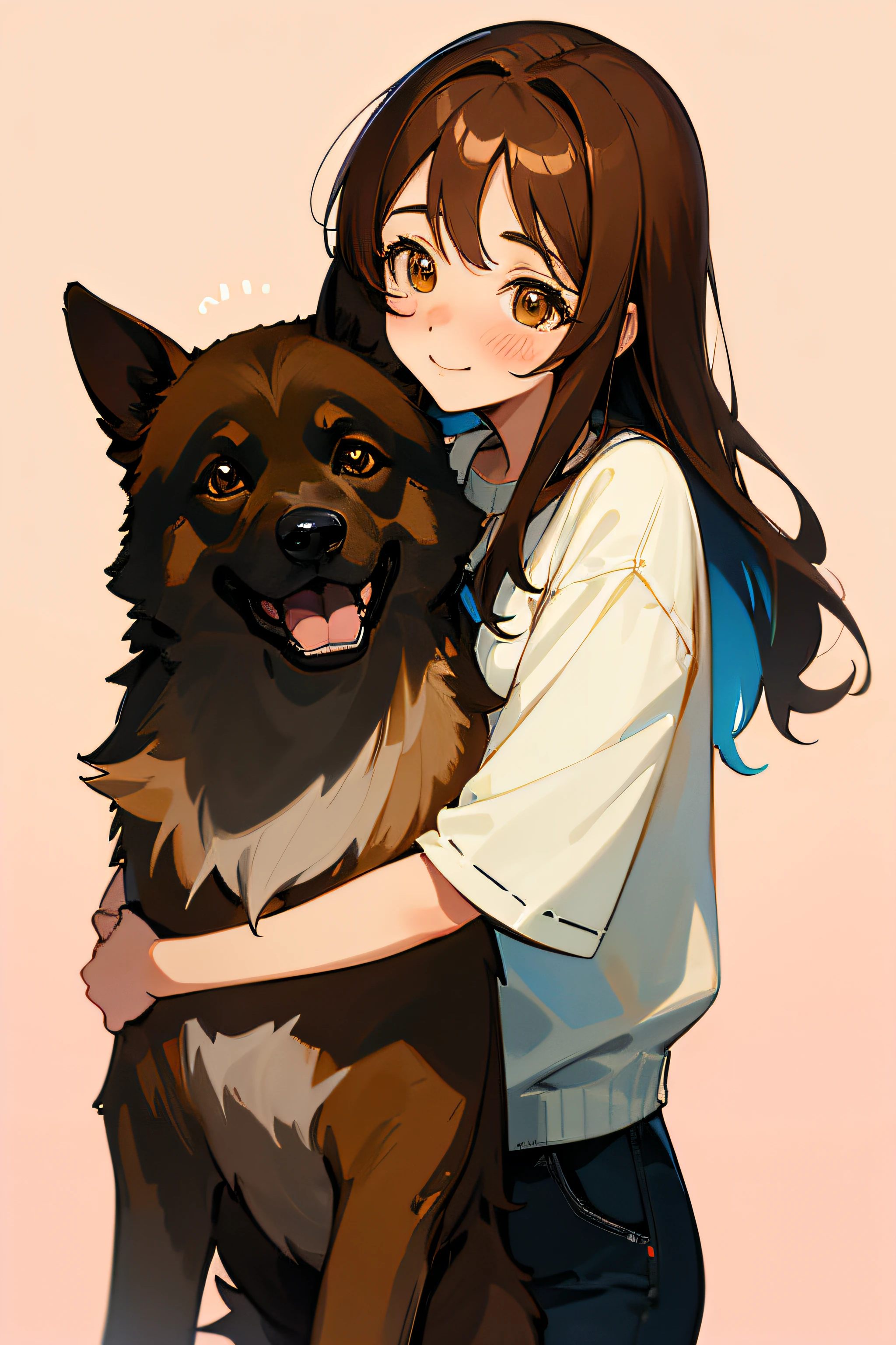 vibrant colors, soft lighting, anime style, beautiful, detailed eyes, girl with brown hair, brown eyes, friendly smile, positional lighting,casual outfit, blushing cheeks, shiny glossy hair, Hugging a German Shepherd Dog, beautiful background