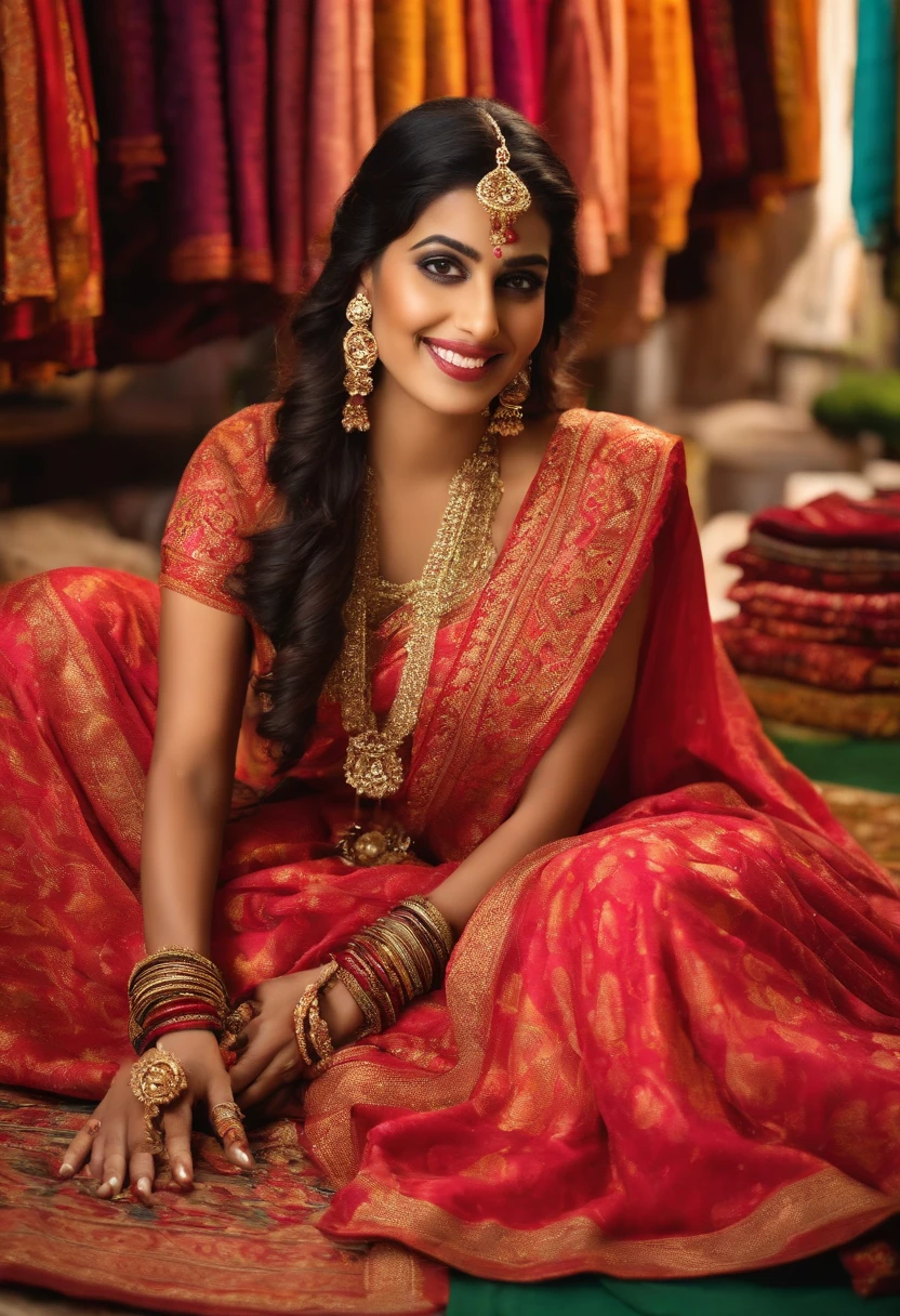(best quality,highres:1.2),solo Indian women,beautiful detailed eyes,beautiful detailed lips,seated on the floor,traditional clothing store,clothes racks,variety of colorful fabrics,Indian textiles,salesman showcasing fabrics,smiling salesman,traditional garments,fine embroidery patterns,rich textures,ethnic prints,soft lighting,Indian jewelry,traditional accessories,vibrant colors,comfortable seating area,cozy atmosphere,emerging fashion trends,exquisite craftsmanship,detailed patterns,flowing fabrics,elegant poses,looking interestedly at the fabrics, visible cleveage