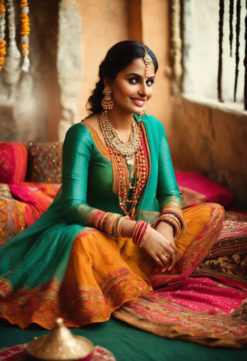 (best quality,highres:1.2),solo Indian women,beautiful detailed eyes,beautiful detailed lips,seated on the floor,traditional clothing store,clothes racks,variety of colorful fabrics,Indian textiles,salesman showcasing fabrics,smiling salesman,traditional garments,fine embroidery patterns,rich textures,ethnic prints,soft lighting,Indian jewelry,traditional accessories,vibrant colors,comfortable seating area,cozy atmosphere,emerging fashion trends,exquisite craftsmanship,detailed patterns,flowing fabrics,elegant poses,looking interestedly at the fabrics, visible cleveage