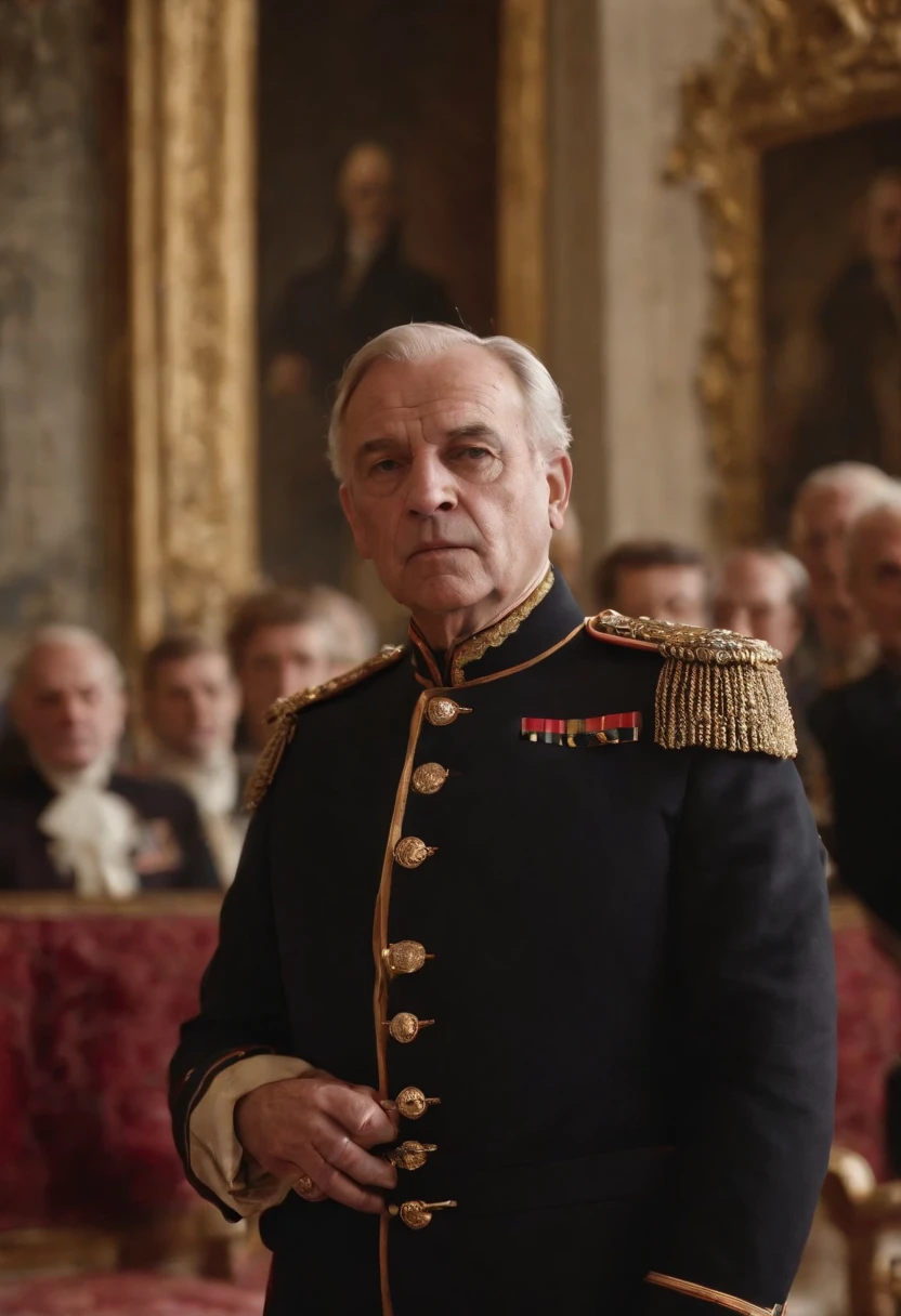Imagine General Joseph Gallieni, dressed in his distinctive military uniform, standing in the center of an ornate assembly in France. The walls of the room are adorned with portraits of past dignitaries and opulent drapery. Large windows let in soft light, illuminating the general's face. Autour de lui, un groupe de militaires, Politicians and nobility listen attentively to him, some nodding their heads in agreement, d'autres prenant des notes. The atmosphere is serious, soulignant l'importance de la discussion en cours. Aucun texte sur l'image, Please.