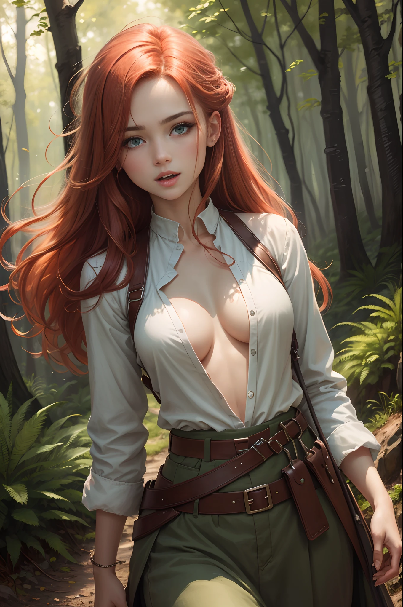 Best Quality, Masterpiece, (Realist: 1.2), Red-haired Woman, Green Eyes, Archer, In the Forest, Shadows and Lights, Detailed Face, Beautiful Eyes, Uncovered Chest, Open Mouth, War Paintings, Love Gaze