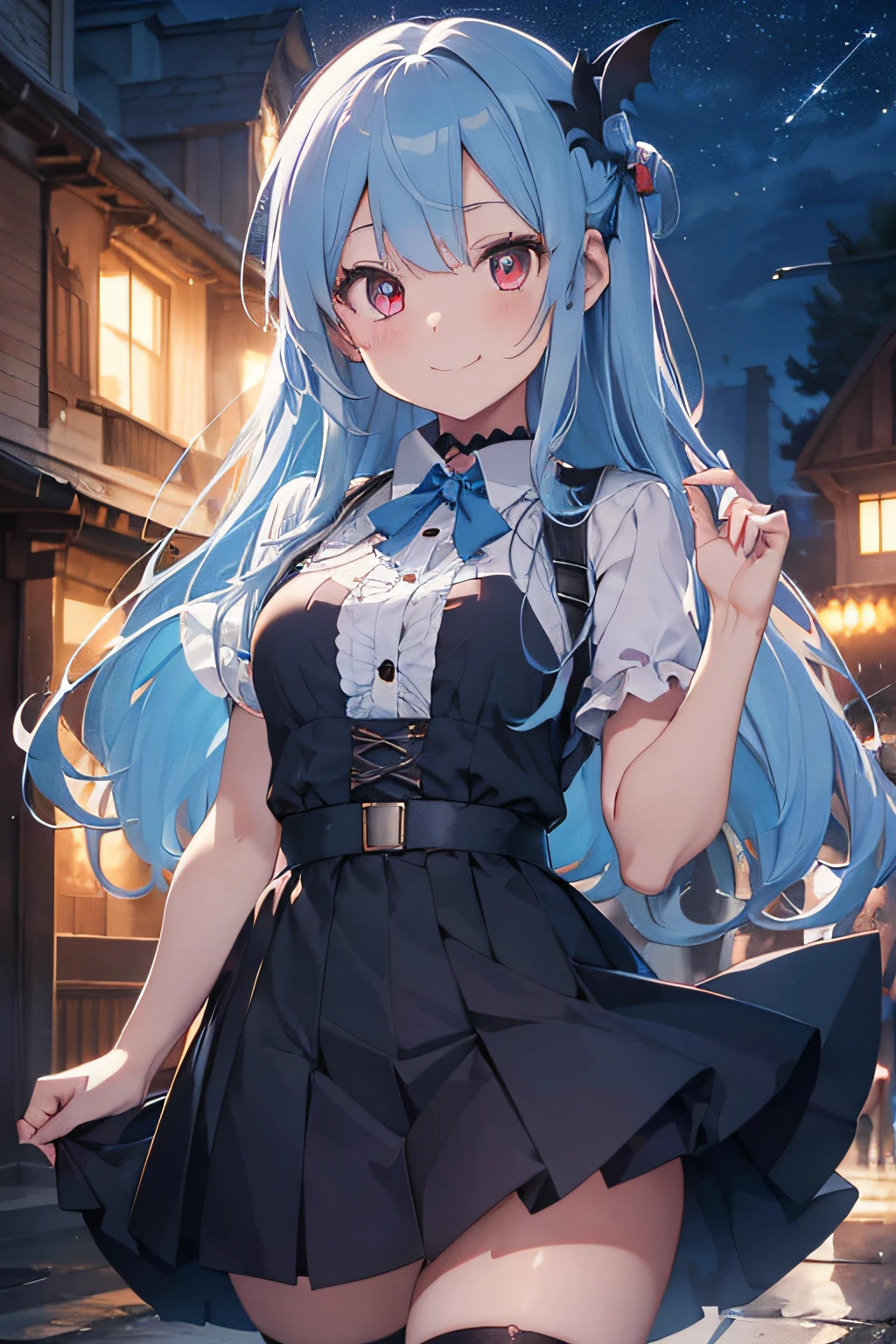 Halloween、Jack O'Lantern、cute little、Luminous、Background fixed to transparent、Beautiful fece, ​masterpiece, top-quality, hiqcgbody, animesque, 1girl in, Medium chest, portrait shot, Look at viewers, wetted skin, intricate detailes,>,((coverd)a closeup, straight-on, adult lady,Very long hair swaying in the wind、 The chest is fluttering、Blake Blue Skirt, Pleated skirt, Vampire Cosplay, daemon、Vampire cosplay, Dracula's fangs seen from his mouth、Light blue hair、Her eyes shone like dreamy stars(radiant eyes:1.233)、(beautifully detailed eyes:1.1)、The background is fixed Halloween cityscape、Halloween、[[Delicate fingers and hands:0.55]::0.85]、(detail finger)、Red Eyes、Light blue hair、resplendent smile、Smile、