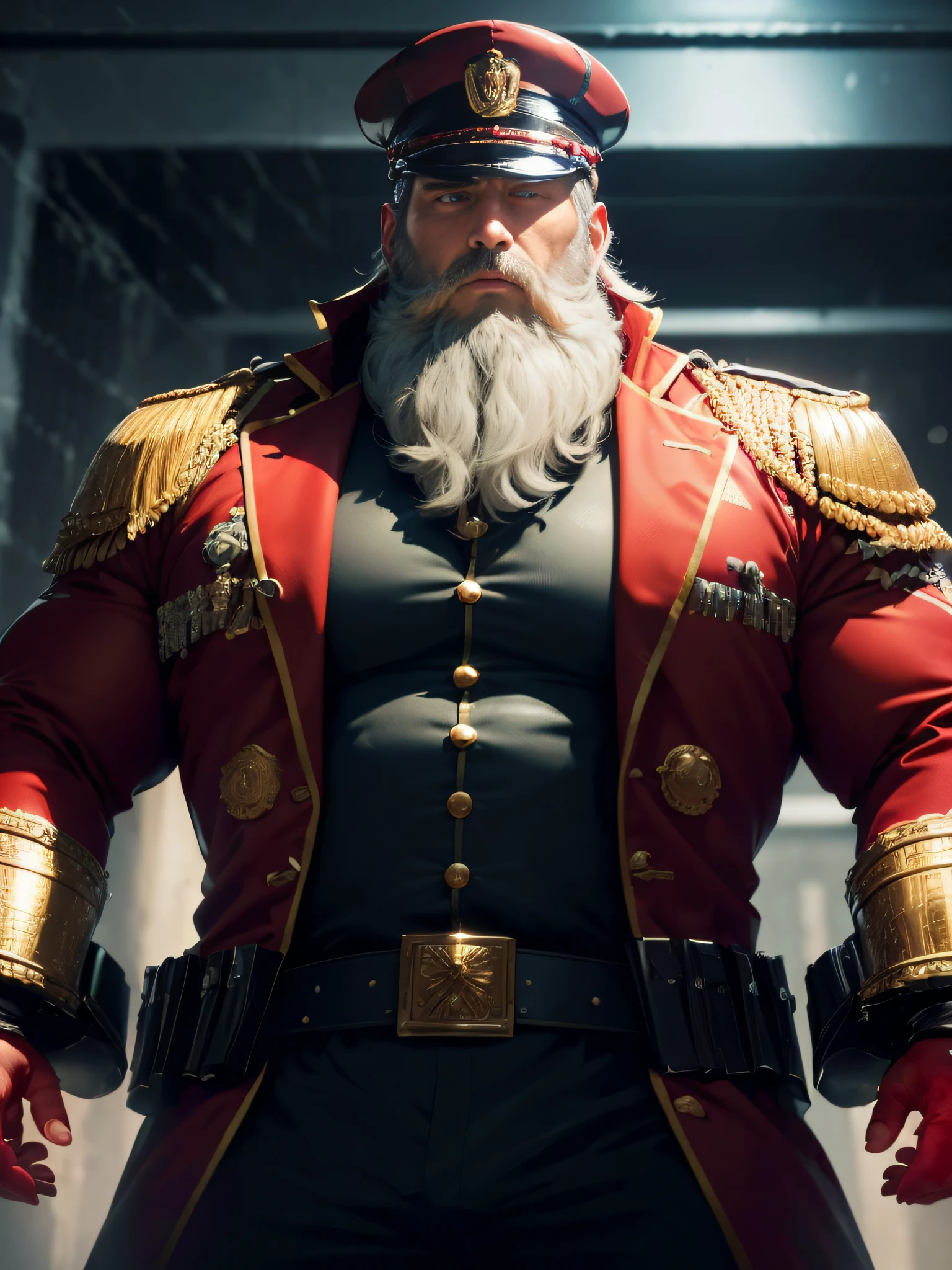 (Best quality, A high resolution, Ultra-detailed), (Realistic:1.0), Handsome middle-aged man (Bear mode:1.0) Body, Visual fat, musculous (White beard, detailed beard), Sturdy exterior, (Strong gaze:1.1). He is one (admiral) Wearing (opulent:1.2) (suit) And the hat of the admiral. The suit is (dotting:1.1) Delicate gold design. He stood in prison, Surrounded by machines, His hands were handcuffed,full bodyesbian, (large bulge:1.3). His eyes showed (mental control:2.0) With one (Eerily red glow:1.5). The enemy has (corrupted his thoughts:2.0) And turned him into theirs (combatant:2.0). The scene is (Highly dramatic:1.1) with (blasts:1.1) and (chaos:1.1) energy.Red eyes pierce through the darkness