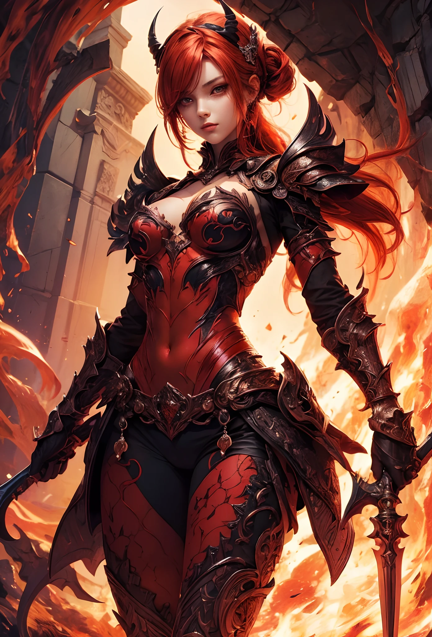 (Best quality, 4k, high res, masterpiece: 1.2), ultra-detailed, photorealistic: 1.37, demonic seductress, detailed face with sharp features, piercing dark red eyes, long, wavy, and wind-swept hair, adorned in black armor intricately detailed with gold accents, dark environment creating an ominous atmosphere, haunting background adding to the mystical aura, sharp contrast between the armor and the ethereal glow, menacing presence exuding a sinister beauty, captivating expression that commands attention, eerie eyes that burn with an unearthly charm, elegant posture accentuating her