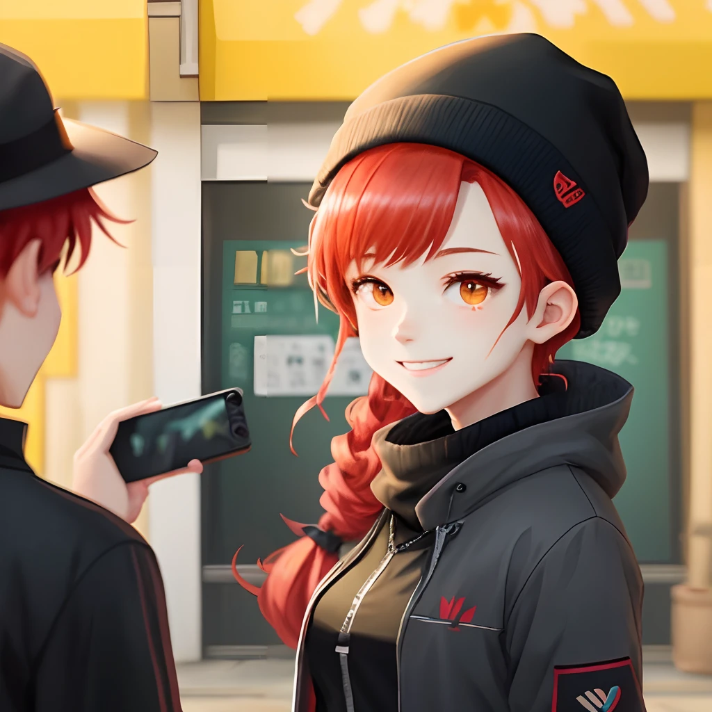 Anime girlish boy with red hair and black hat, Rin, 8K!!, 8K!, smileing nright, live2d virtual youtuber model, zerochan, main character, けもの, ; visual novel, live2d, in ryuuou no oshigoto art style, sh, visual novel cg
