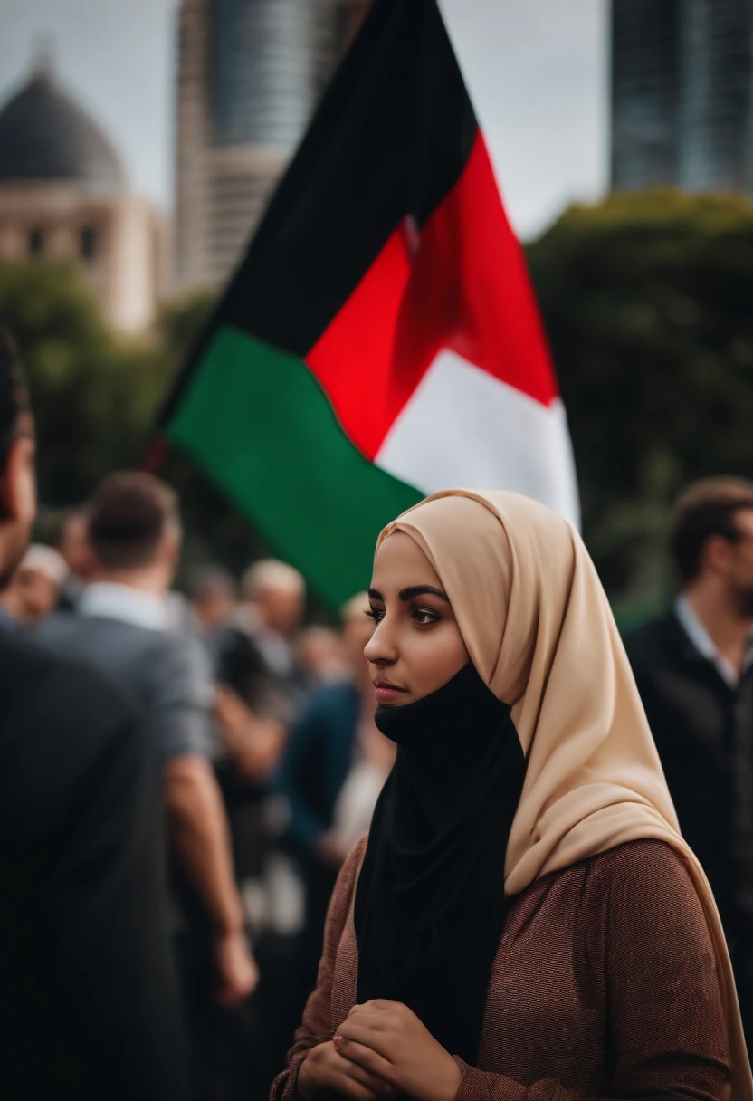 blonde hijab Girl, non model shot, unblurred people in background, Palestine flag, set in Sydney, Australia city