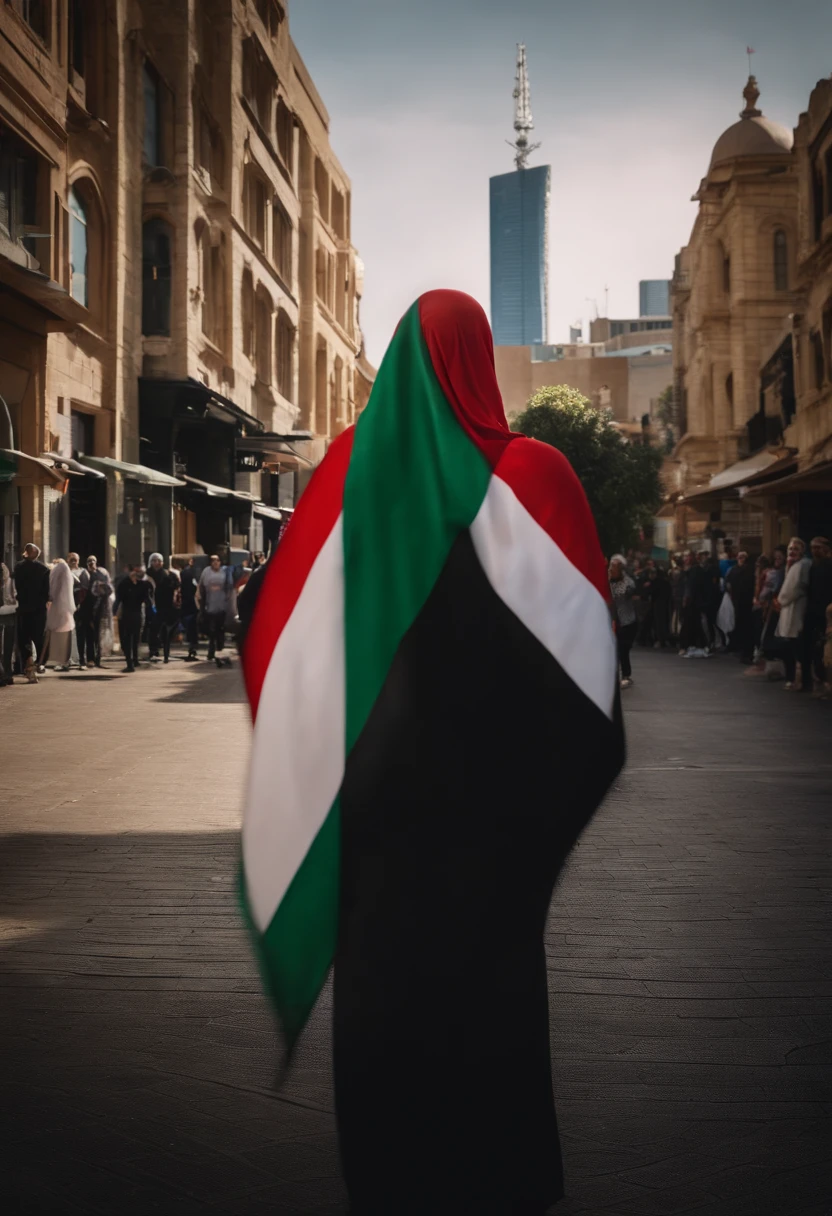 blonde hijab Girl, non model shot, unblurred people in background, Palestine flag, set in Sydney, Australia city