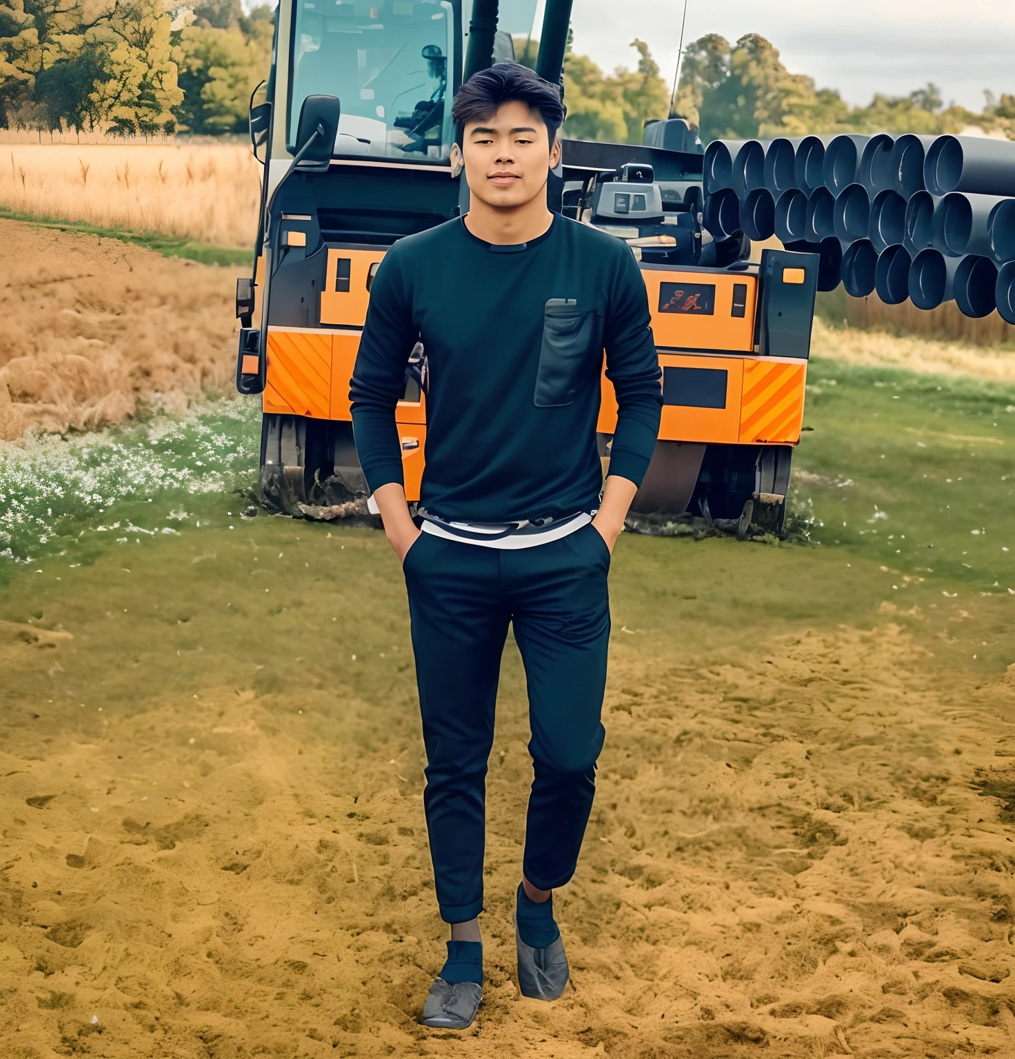 there is a man standing in front of a crane in a field, full body picture, very very low quality picture, stylish pose, very artistic pose, photo taken in 2 0 2 0, full body photogenic shot, distant full body view, full body photgraph, with accurate face, taken with sony alpha 9, with lovely look, handsome man, very clear picture