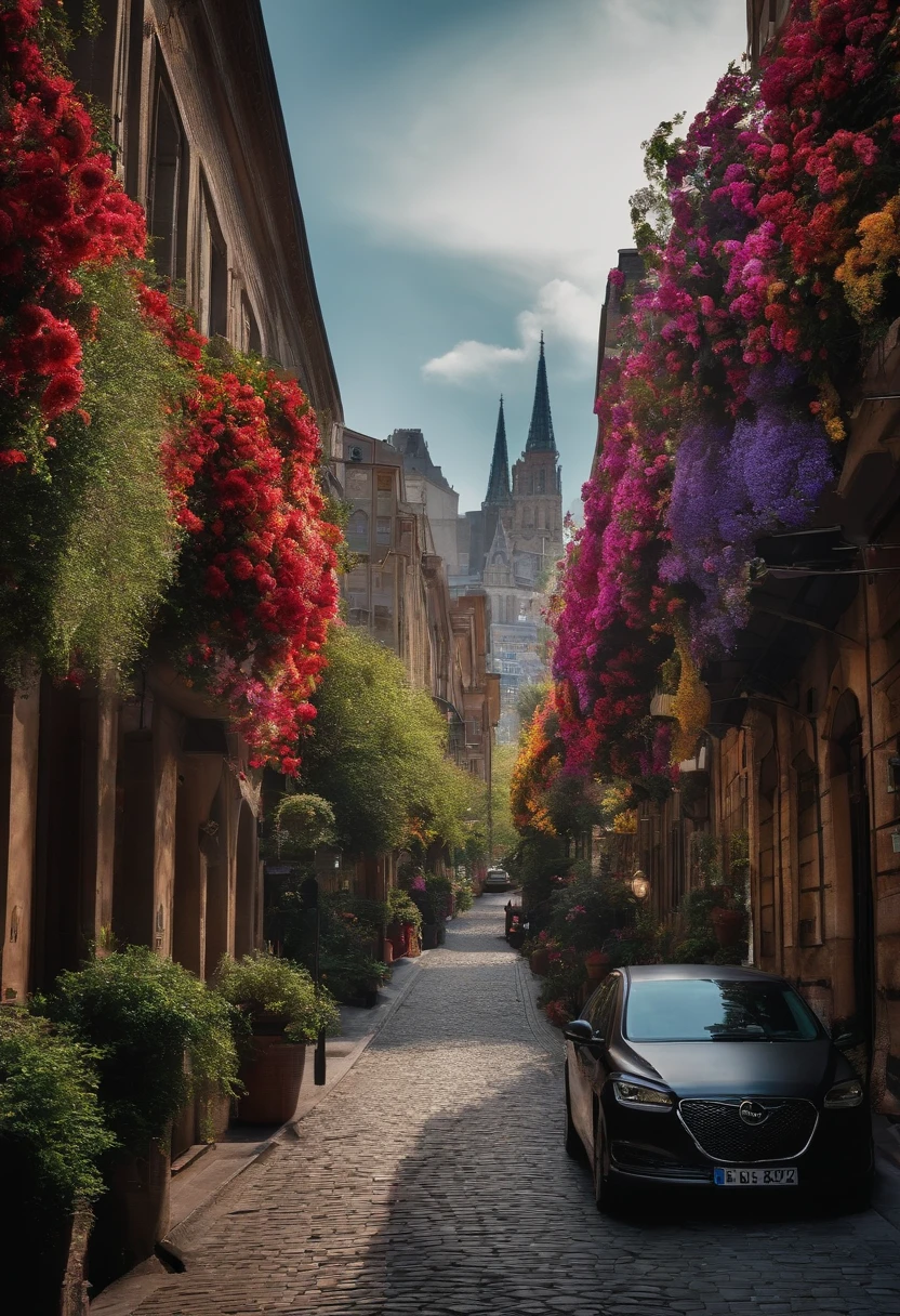 City streets full of flowers, City streets with buildings