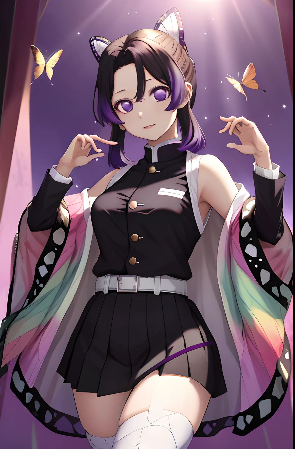 Kochou Shinobu, 1girl,masterpiece, multicolored hair,sleeveless, purple eyes, black jacket,black skirt,uniform, white haori, , multiple butterflies, , laked sunset, lens flare, perfect lighting, highest quality, hands behind, thick thighs, medium breasts, highest quality, high resolution.