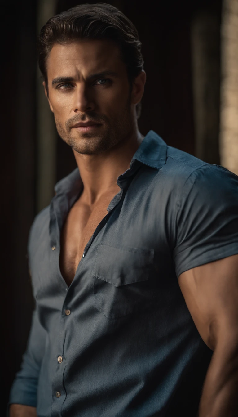 Retrato de un apuesto modelo masculino, 29 years old, Camisa, barechest, sin barba, con cabello largo hasta los hombros, oscuro y desordenado y ondulado, Super light blue eyes, labios gruesos, defined muscles, caber, Cuerpo rasgado, Plano medio, ultra highest detailed face, Darmatic Lighting, luz corta