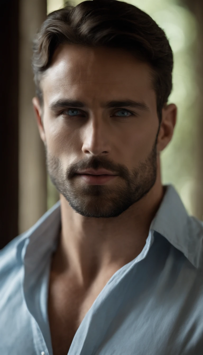 Retrato de un apuesto modelo masculino, 29 years old, Camisa, barechest, sin barba, con cabello largo hasta los hombros, oscuro y desordenado y ondulado, Super light blue eyes, labios gruesos, defined muscles, caber, Cuerpo rasgado, Plano medio, ultra highest detailed face, Darmatic Lighting, luz corta