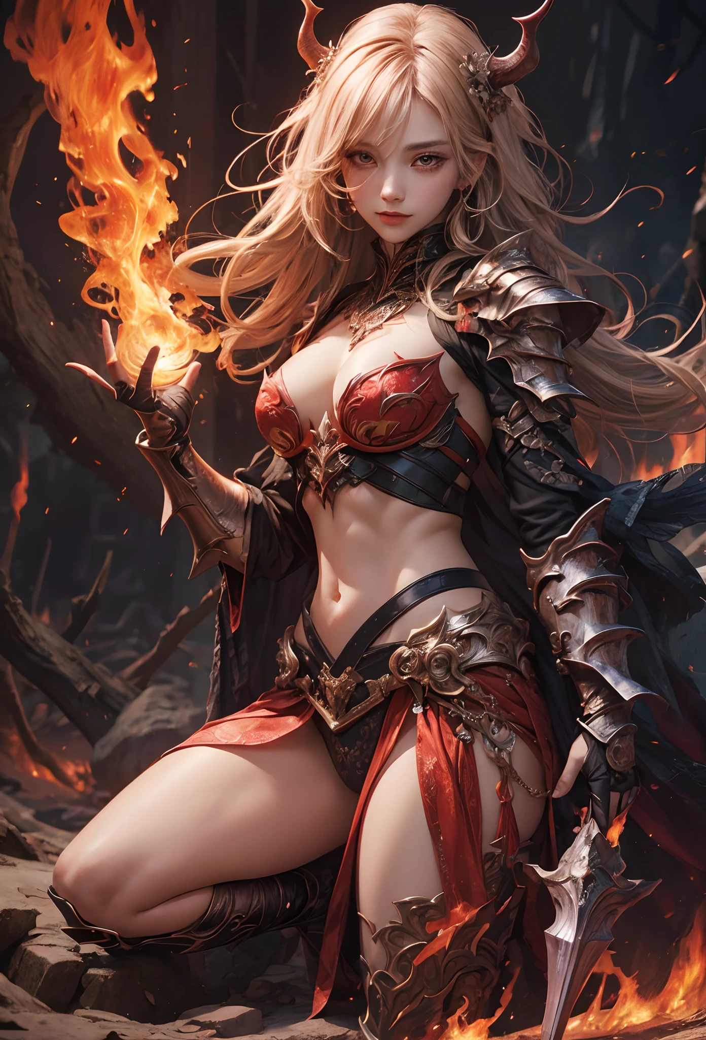 (Detailed illustrations,Very detailed and detailed drawing,Delicate lines with slow and rapid,Realistic texture expression),[Color tressed main line],[Lava cave background [Hot hell:0.4]],HENAI ANIME (Red-skinned DemonGirl 19 years old slender muscular) Flame hair (Devil's Knight:0.8),(Bone armor [crack in the chest:0.6] [Blade of Fresh Blood:0.4]) (edg),[[Dark Fantasy]],(Intricate and beautiful decoration [Dense detail]),(Fine and beautiful skin expression [Transparency]),[Perfect eye details (Iris beautifully drawn in every detail)[Jewel-like eyes]],[long and beautiful eyelashes],[Meticulously drawn hair [More on beautiful and shiny hair]],(Perfect hand details [Beautiful fingers without breakdowns [Beautiful nails]]),(Perfect Anatomy (Perfectly proportioned)) [[Full body like]],[Ideal color coordination(Accurate simulation of light-material interactions)],(HighQuality,[Precision Detail] hight resolution,(detaileds,high-detail)),[Visual art that conveys a sense of narrative].