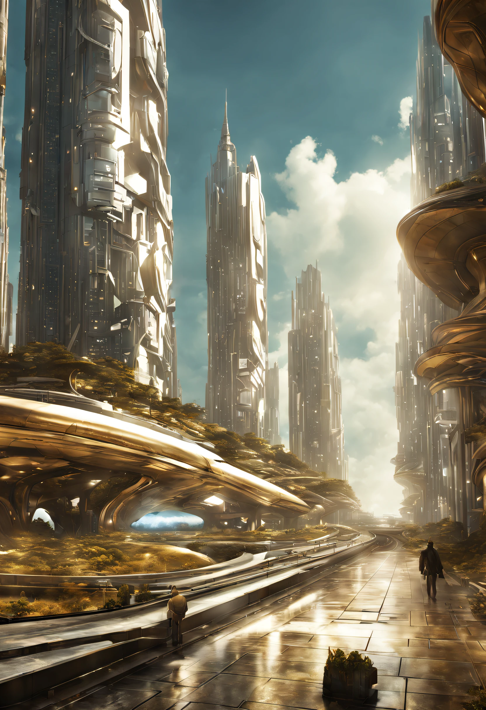 On an unknown planet lies a futuristic fantasy city with immense buildings of technological design (que forman una avenida infinita), con estructuras acristaladas en plata, oro y bronce espectaculares, con colores vivos. pavimento ensolado (sin brillo). gente paseando. (similar a coruscant). imagen bien definida con muchos edificios juntos. imagen nitida bien definida 8k. los edificios llegan alta el fondo.