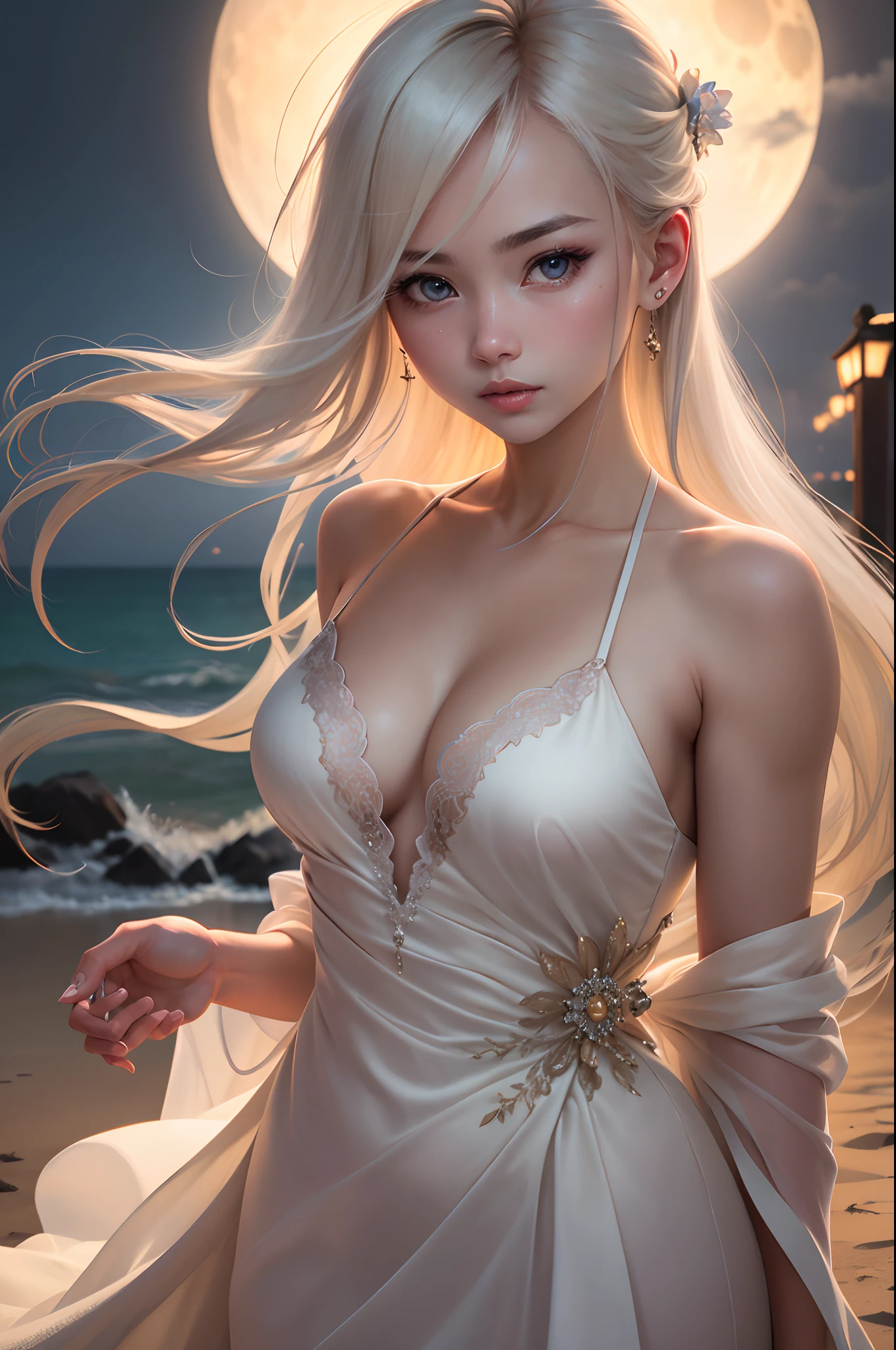 1. ((8k, RAW photo, best quality, masterpiece, high detail realistic, photorealistic:1.3, professional photograph)), extremely detailed eyes and face and skin,(symmetrical clear eyes:1.2), (extremely detailed finger), (extremely detailed body), high resolution, beautiful detailed eyes, (hard focus:1.4), (sharp focus:1.4), 1 japanese girl, kawaii, (looking at viewer), (upper body:1.3), enigmatic expression, long flowing hair, platinum blonde, elegant gown, ample chest, striking pose, moonlit beach scene, dramatic lighting, professional lighting