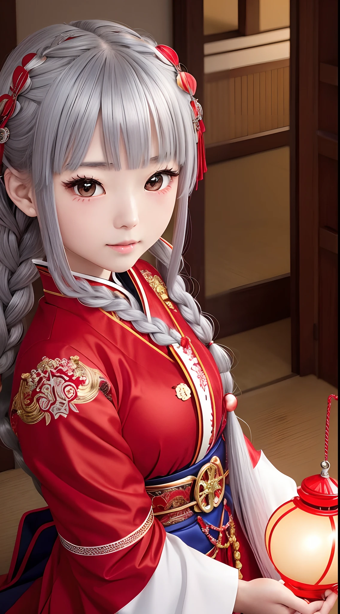 Japan girl is very cute。I have red eyes、Wearing flashy national costumes、Silver-haired braid、Wearing a lot of ornaments、Royal Girl、