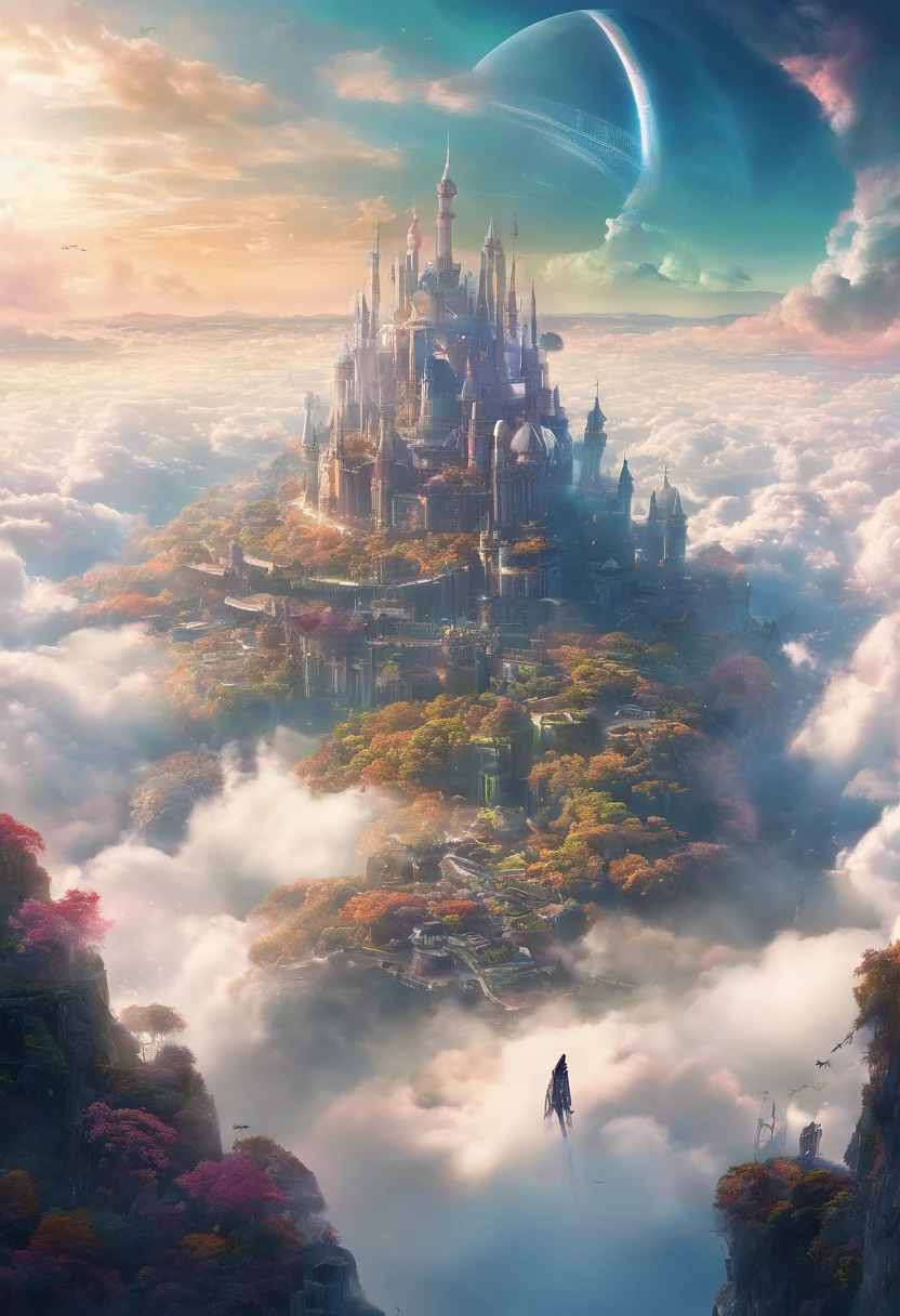 ((A vast world above the clouds:1.2)), (A large and magnificent castle in the center), A castle town in front of the castle, Airships flying around the castle, during daytime, The sky is clear,